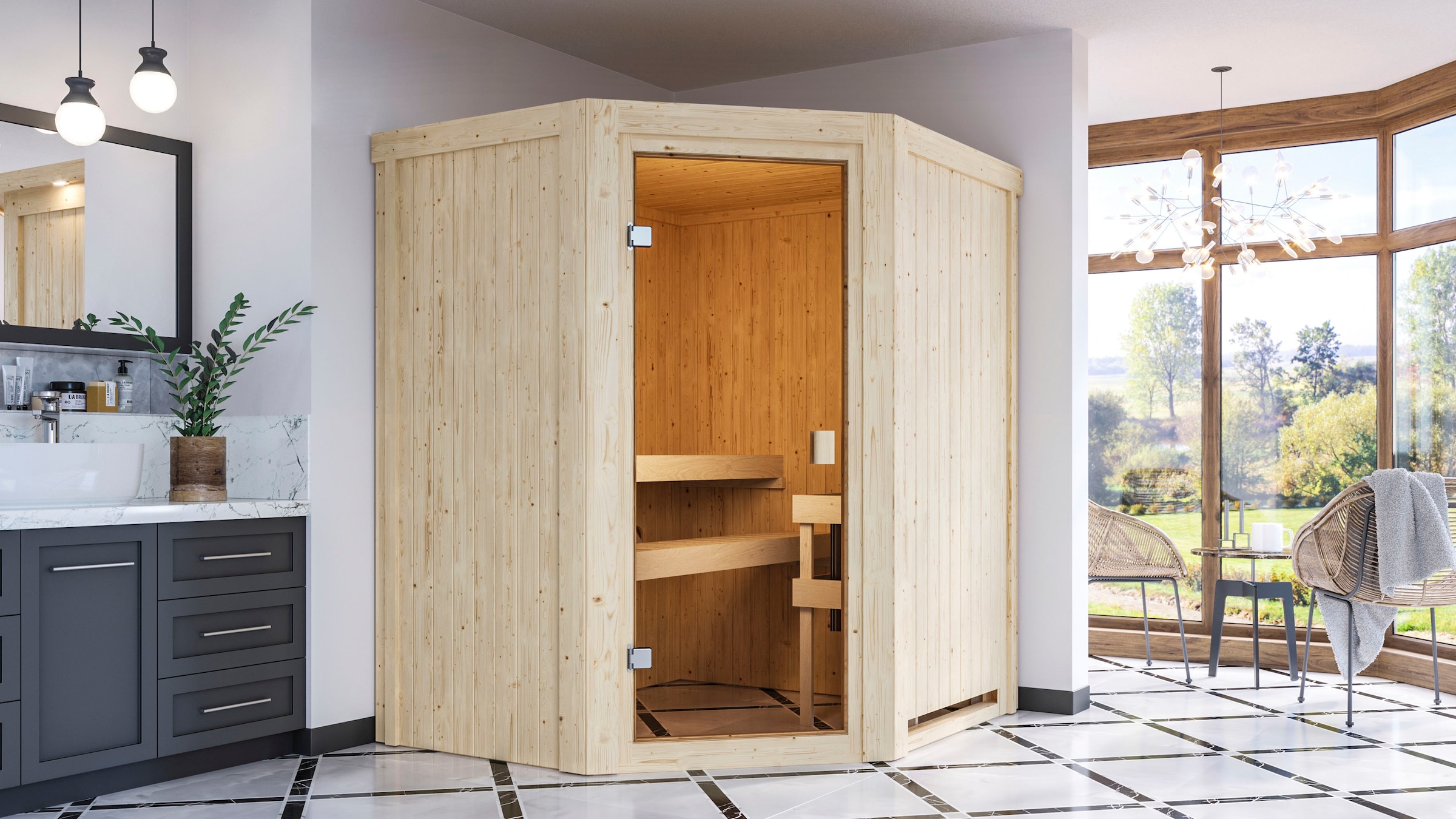 Karibu Sauna »Faurin«, mit Ofen 9 kW integr. Strg.