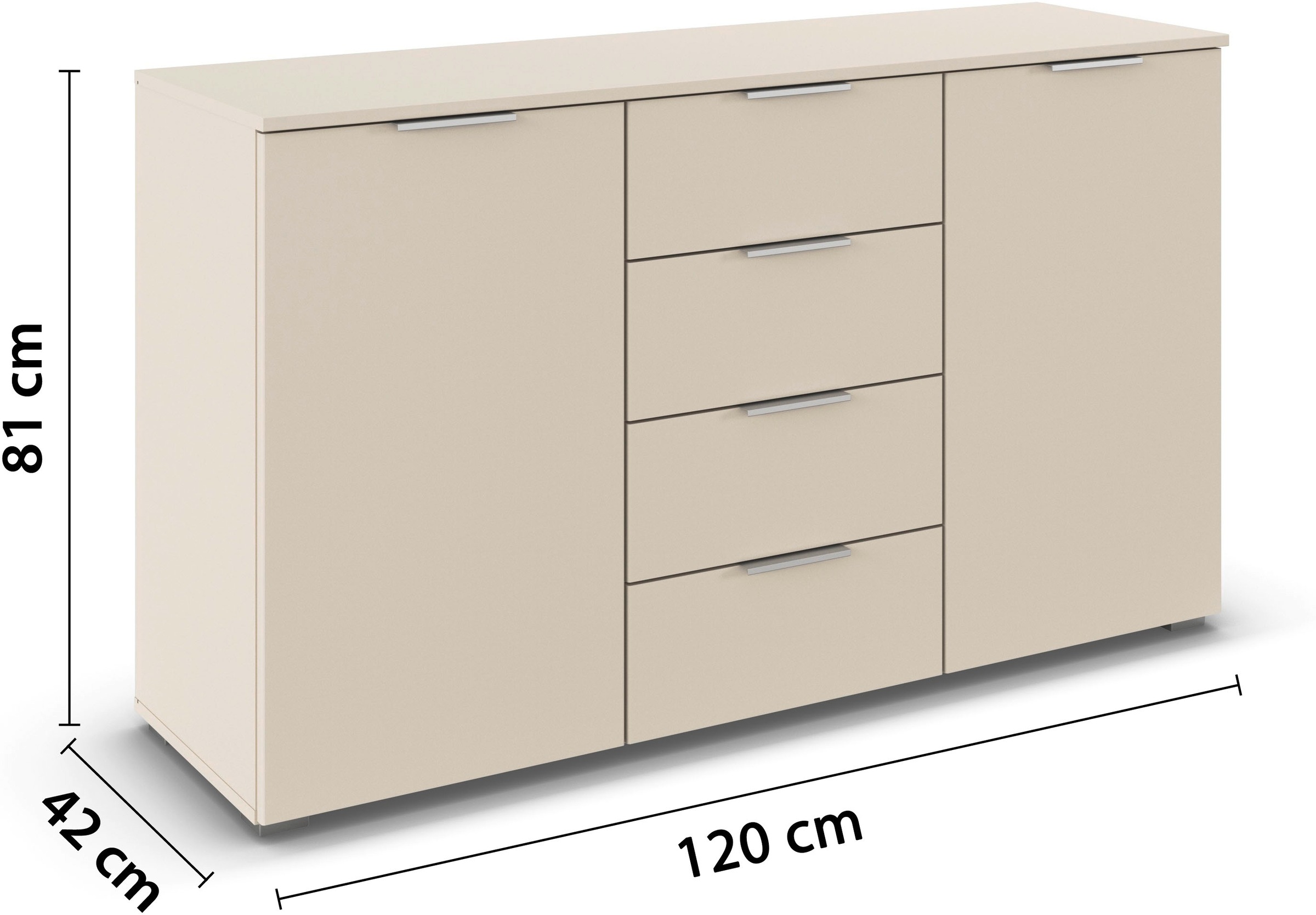 rauch Kombikommode »Sideboard Schubladenkommode AGORDO mit Dekor- oder Hochglanzfront«, (in zwei Griff-Farben, Breite 120 cm), vier große Schubladen, mit insgesamt 4 Einlegeböden MADE IN GERMANY
