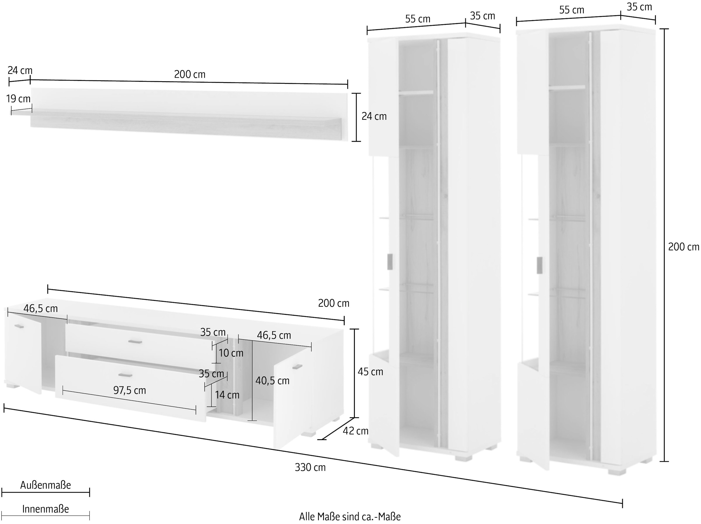 INOSIGN Wohnwand »LONG ISLAND«, (Set, 4 St.), in moderner Trendfarbe,inklusive senkrechter Beleuchtung,Breite 330 cm