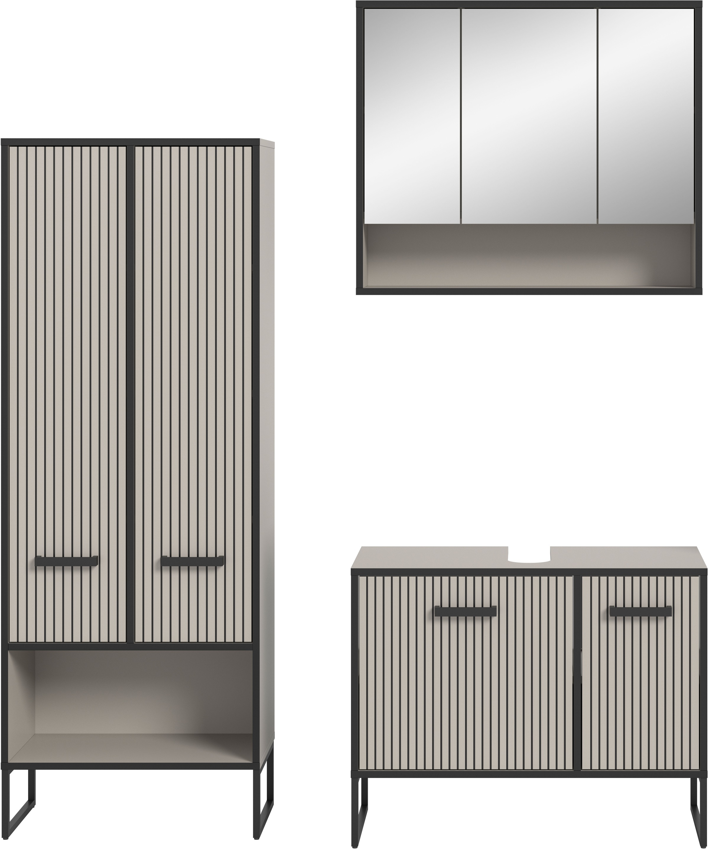 welltime Badmöbel-Set »Locri, Breite 154 cm, Rillenoptik, Metallkufen«, (3 St.), best. aus: Hochschrank, Waschbeckenunterschrank, Spiegelschrank