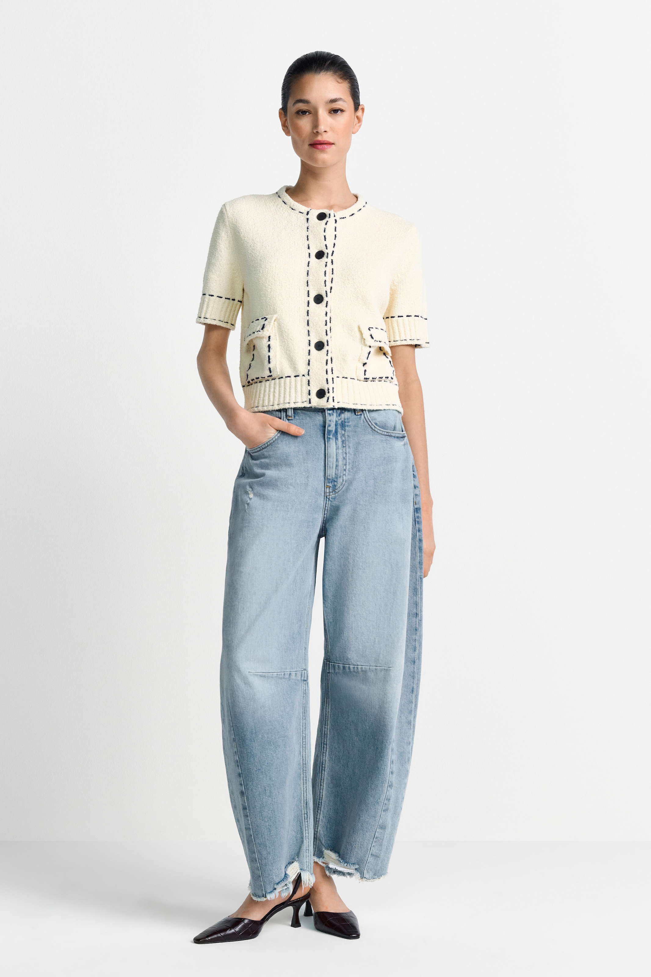 RICHROYAL Strickjacke kontrastfarbene Details, kurzarm, Rundhals