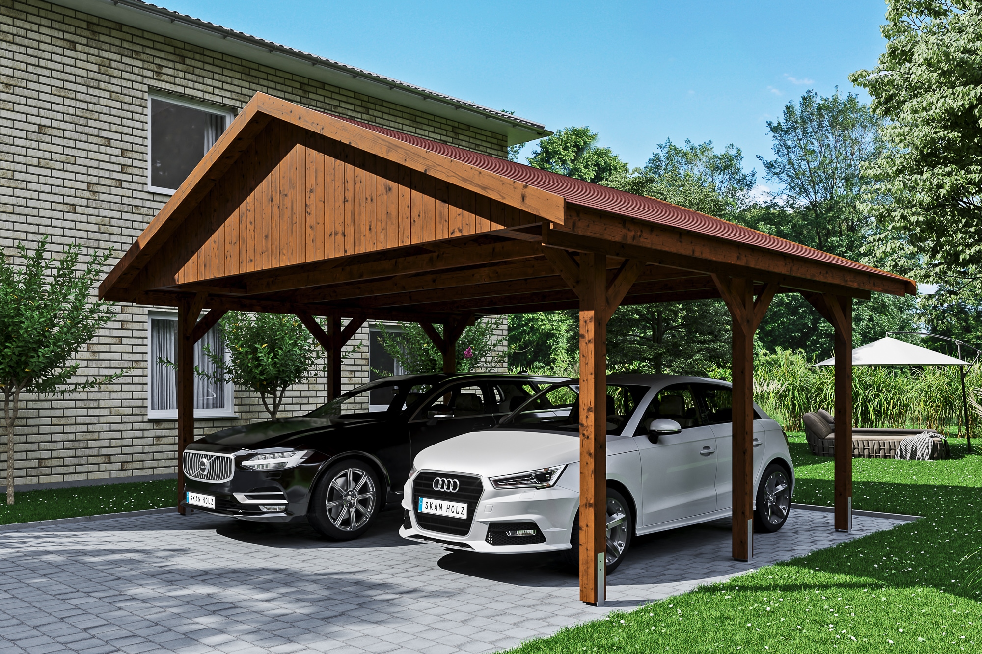 Skanholz Doppelcarport »Wallgau«, Nadelholz, 530 cm, Nussbaum, mit roten Dachschindeln