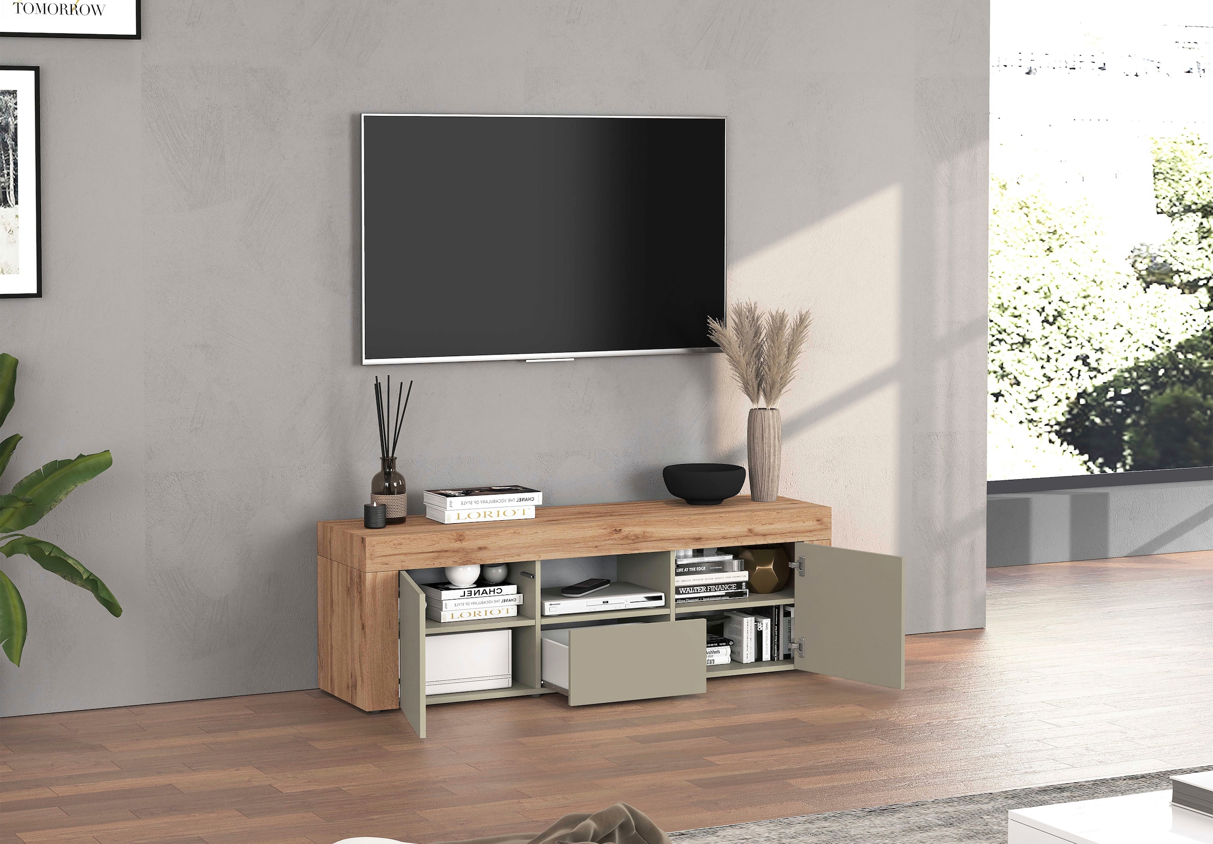 INOSIGN Lowboard »CHRONOS Breite 155 cm mit 2 Türen, 1 Schublade,1 offenes Fach«, (1 St.), TV-Board, Sideboard niedrig, Grifflos mit Push to Open 'Made in Italy'