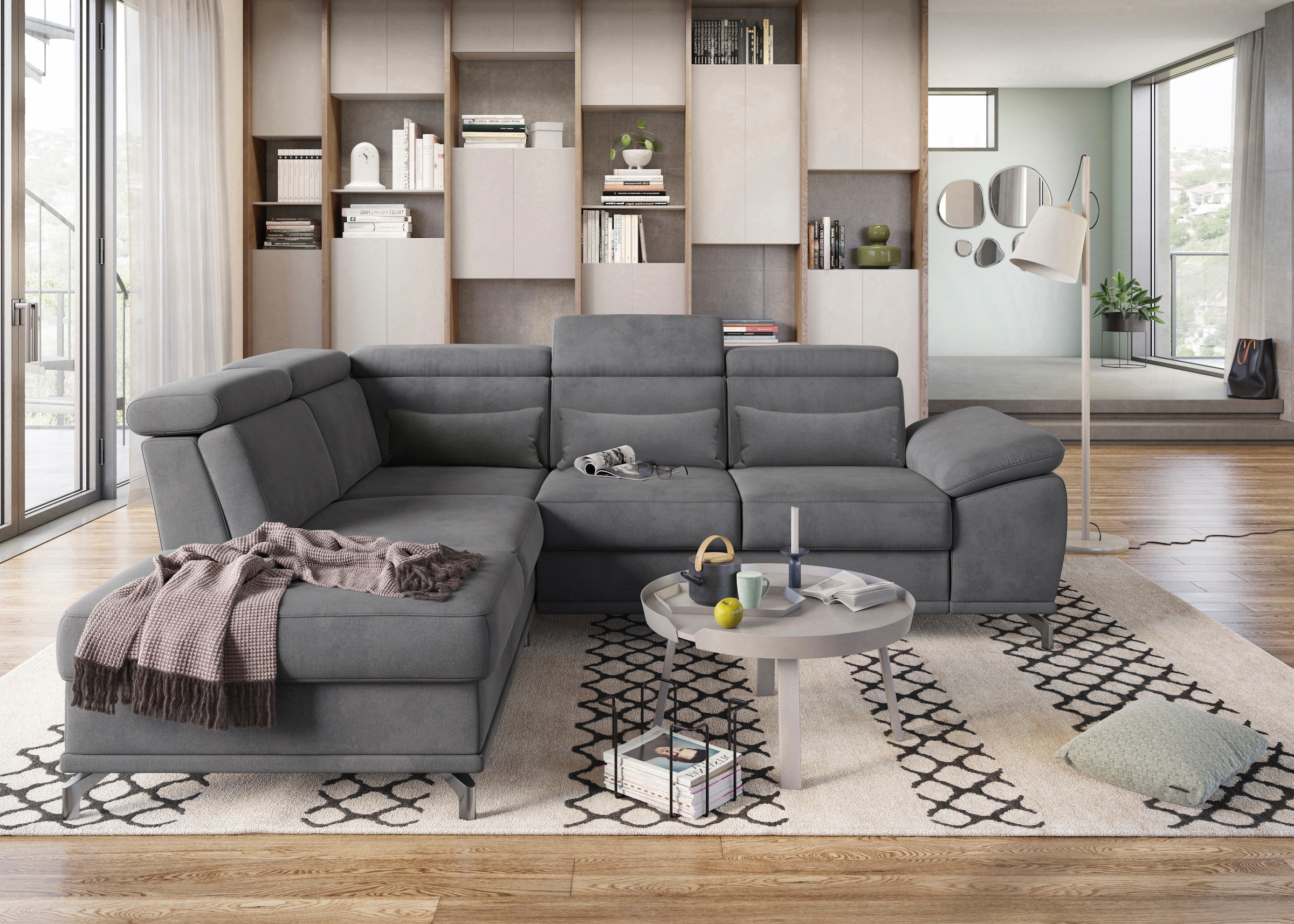 sit&more Ecksofa »Cabrio L-Form, mit Sitztiefenverstellung, Arm- und Kopfteilverstellung«, 3 Nierenkissen, Federkern, optional Bettfunktion und Stauraum