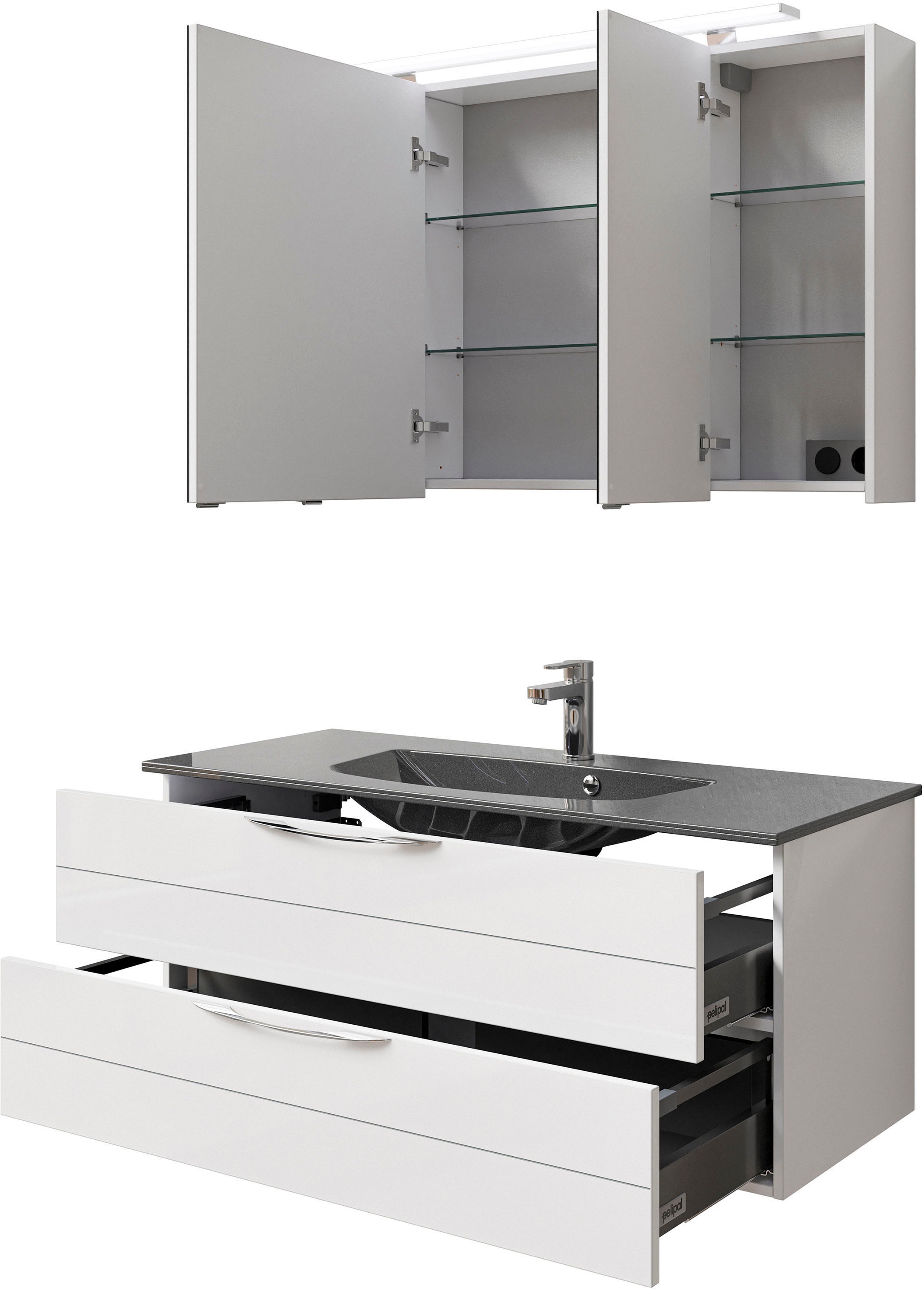 Saphir Badmöbel-Set »Serie 6025 2-teilig Mineralmarmor-Waschtisch mit LED-Spiegelschrank«, (2 St.), Waschplatz 117cm breit, 2 Schubladen, 3 Spiegel-Türen, inkl Türdämpfer