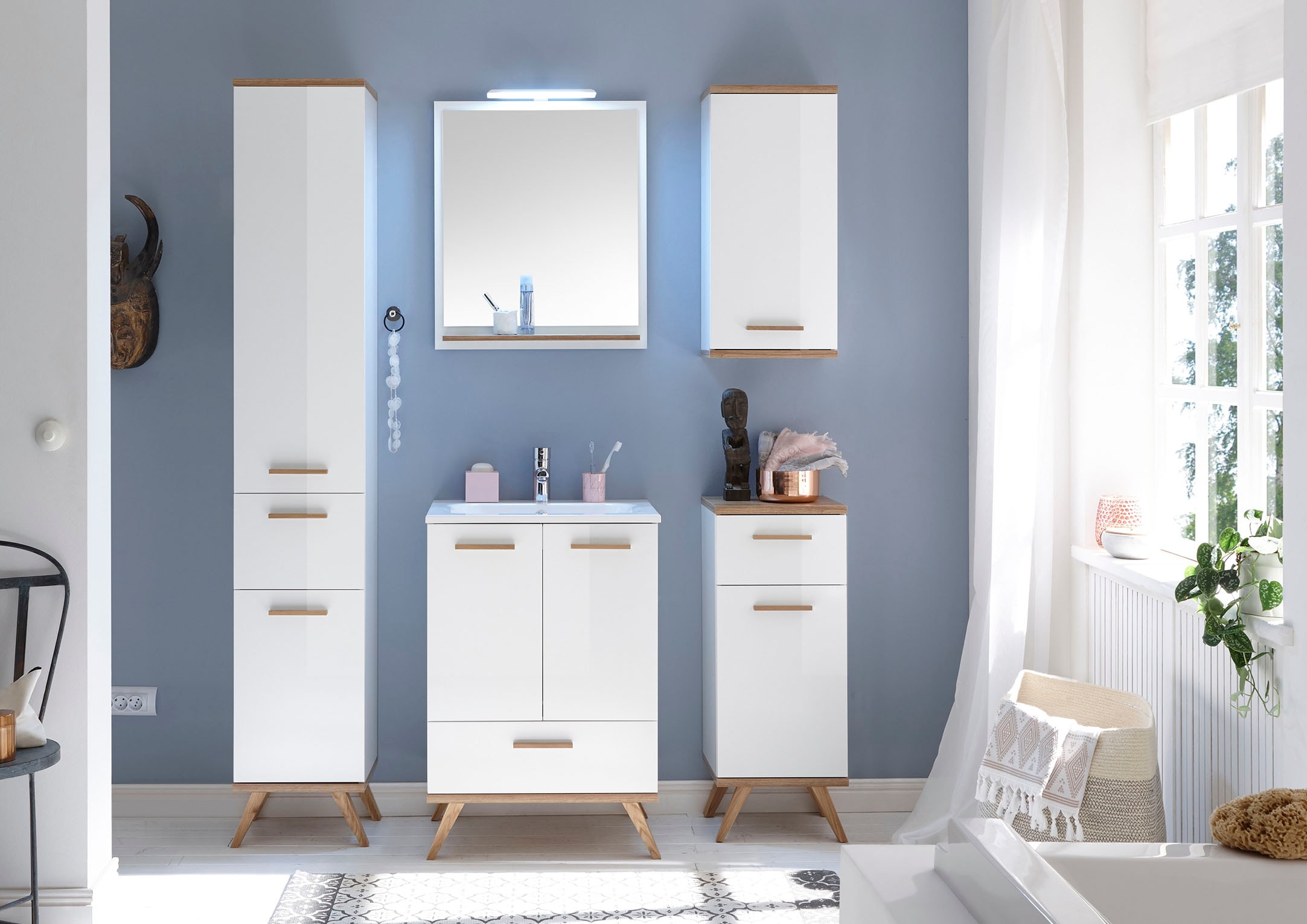 Saphir Waschtisch »Quickset Mineralmarmor-Waschtisch mit Unterschrank, 61 cm breit«, Wachplatz, Holzgriffe, inkl. Türdämpfer, 2 Türen, 1 Schublade