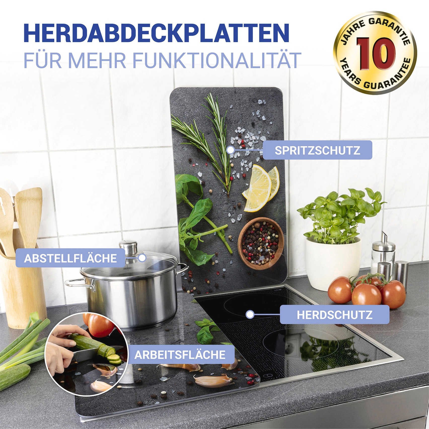 WENKO Herd-Abdeckplatte »Universal Modell Kräuter«, (Set, 2 tlg.), Herdabdeckung für alle Herdarten, kratzfest, mit rutschfesten Füßen