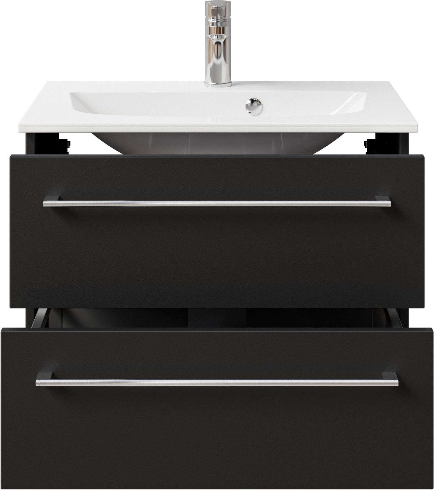 Saphir Badmöbel-Set »Serie 6025 2-teilig Mineralmarmor-Waschtisch mit LED-Spiegelschrank«, (2 St.), Waschplatz 67 cm breit, 2 Schubladen, 2 Spiegel-Türen, inkl Türdämpfer