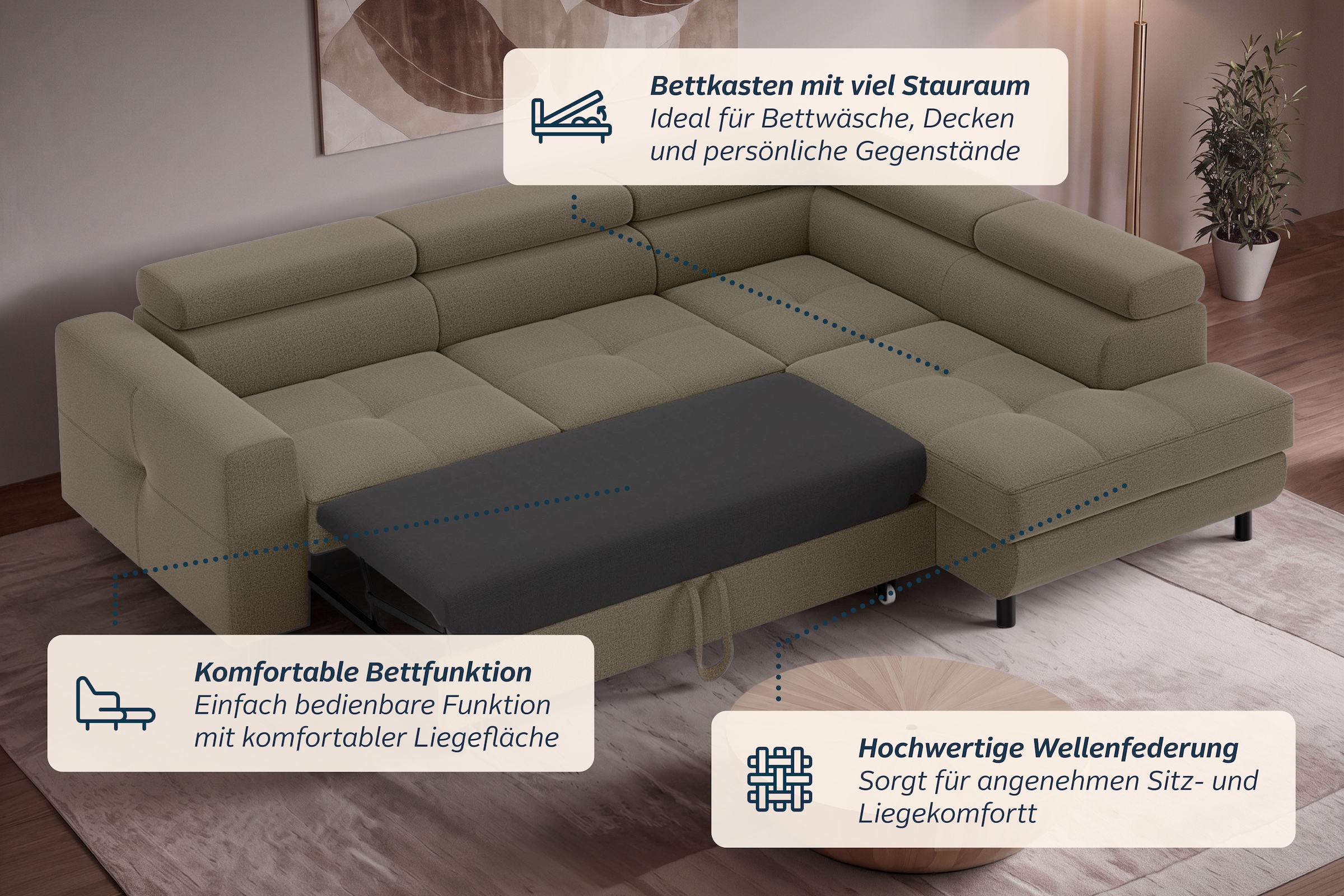 OTTO home Ecksofa »AADEN Schlafsofa 254 cm - OTTO. Verlässliche Qualität.« mit Bettfunktion, Bettkasten, Kopfstützen, rechts/links bestellbar