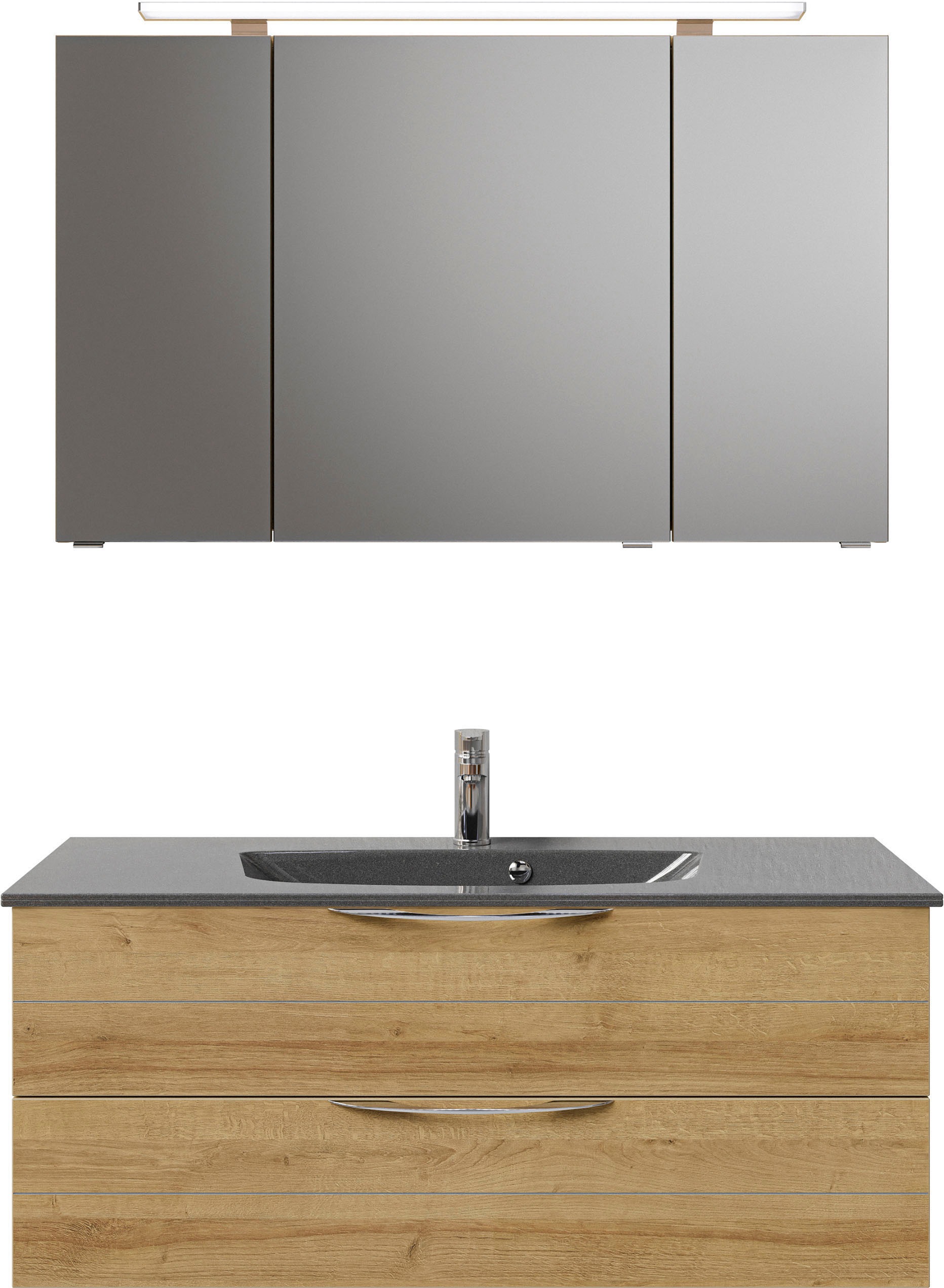 Saphir Badmöbel-Set »Serie 6025 2-teilig Mineralmarmor-Waschtisch mit LED-Spiegelschrank«, (2 St.), Waschplatz 117cm breit, 2 Schubladen, 3 Spiegel-Türen, inkl Türdämpfer