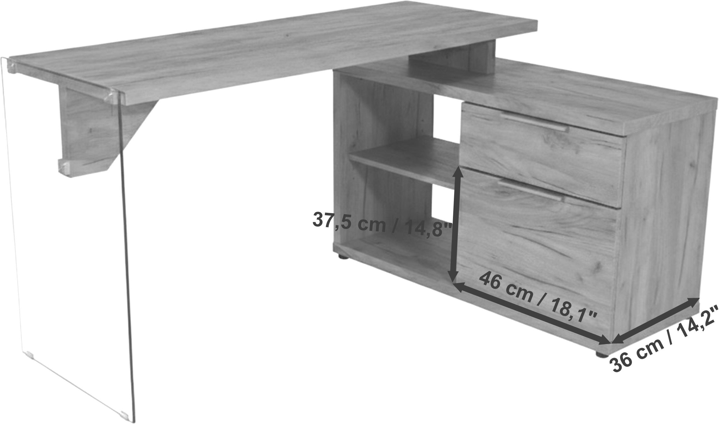 Jahnke Eckschreibtisch »LUX C 135 E« Eckschreibtisch,wechselseitig montierbar,Glas,1 Schublade & 2 Fächer