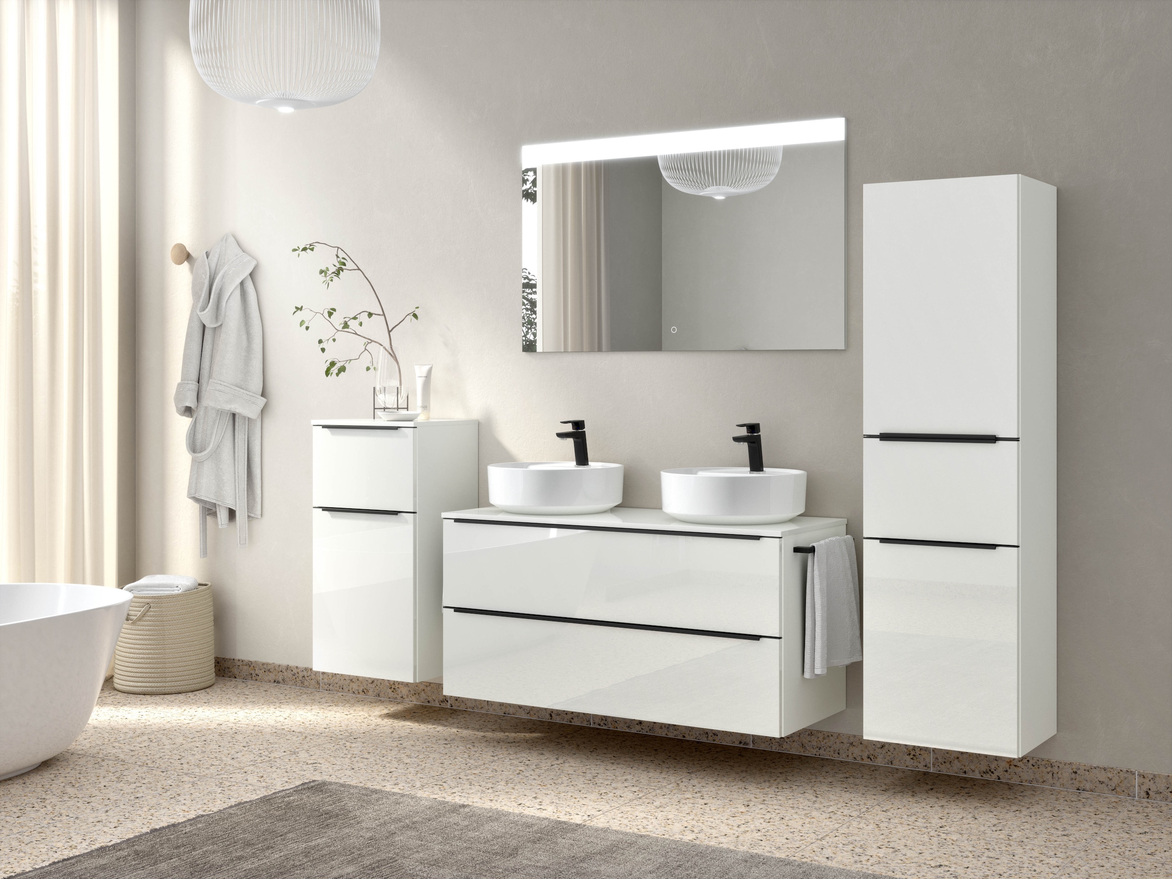nobilia® Badmöbel-Set »Alvene«, (4 St., vormontiert, mit Soft-Close), Hochglanz, inkl. Spiegel mit Touch-Sensor, in vier Breiten