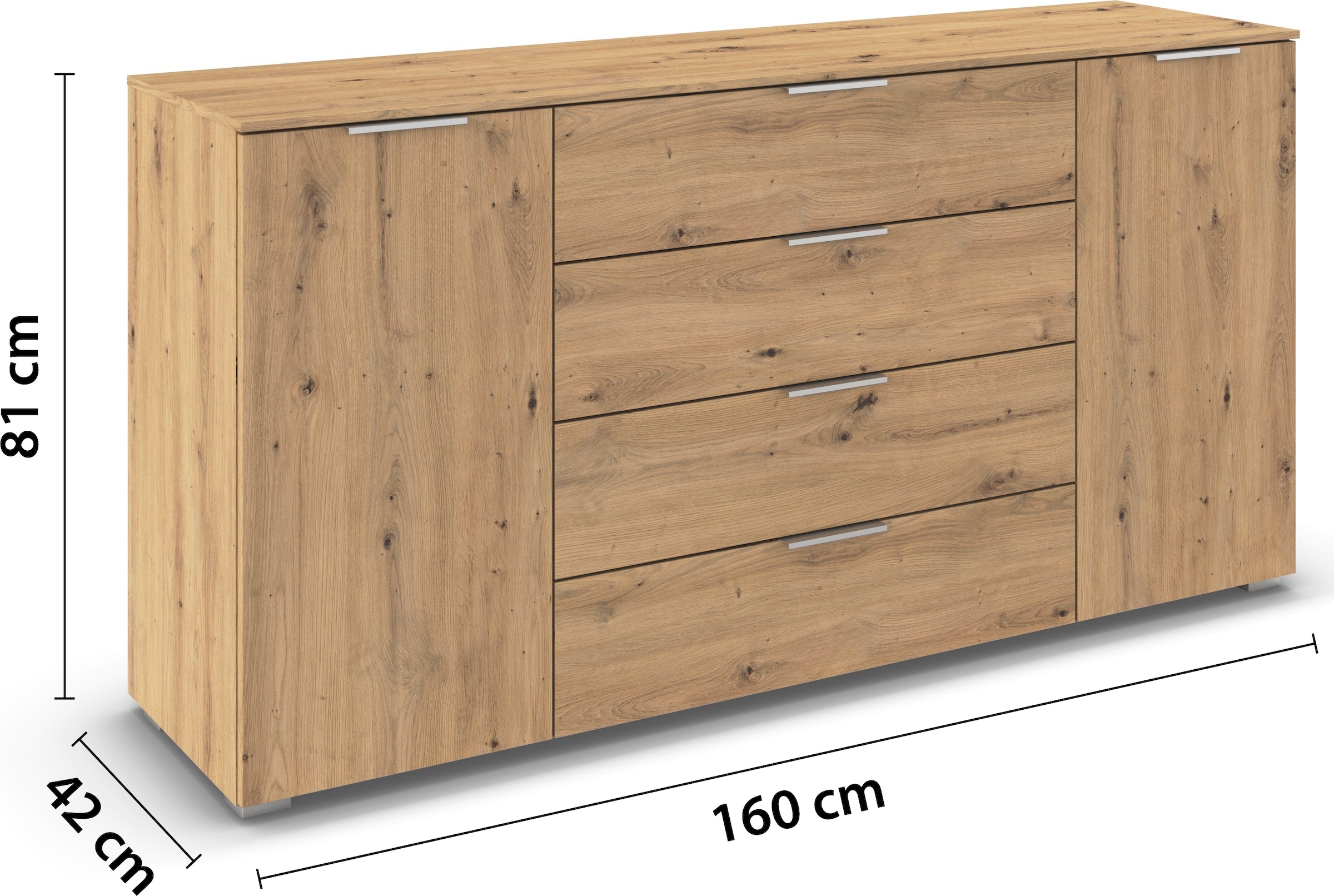 rauch Kombikommode »Sideboard Türkommode Schubladenkommode Kommode ASTANA« Breite 160 cm / Höhe 81 cm, mit 4 Einlegeböden,  2-türig, 4 geräumige Schubladen, Kantengriff Alufarben MADE IN GERMANY