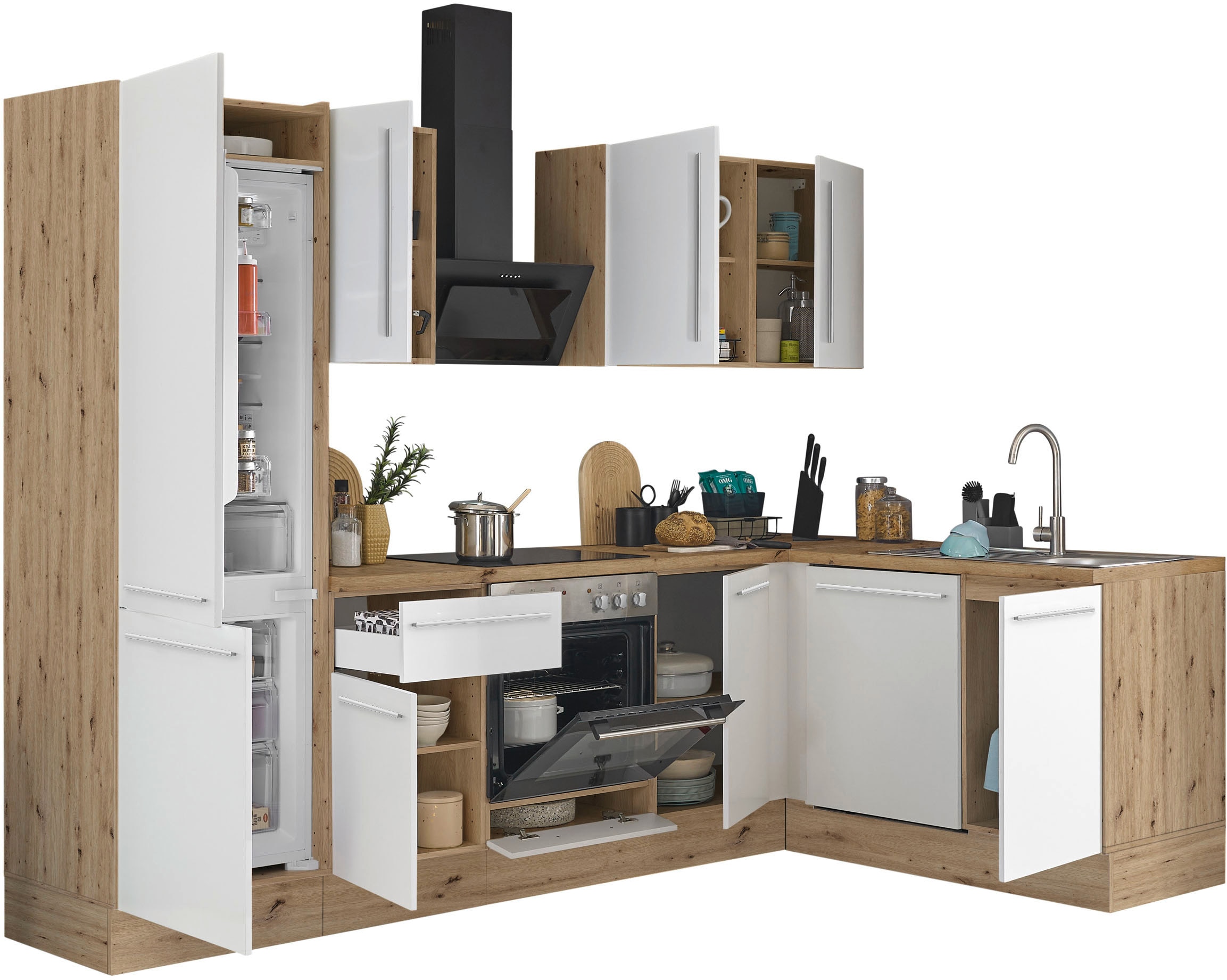 KOCHSTATION Winkelküche »Florida, Stellbreite 280x165 cm« wahlweise mit E-Geräten, mit Softclose für Türen und Schubkästen