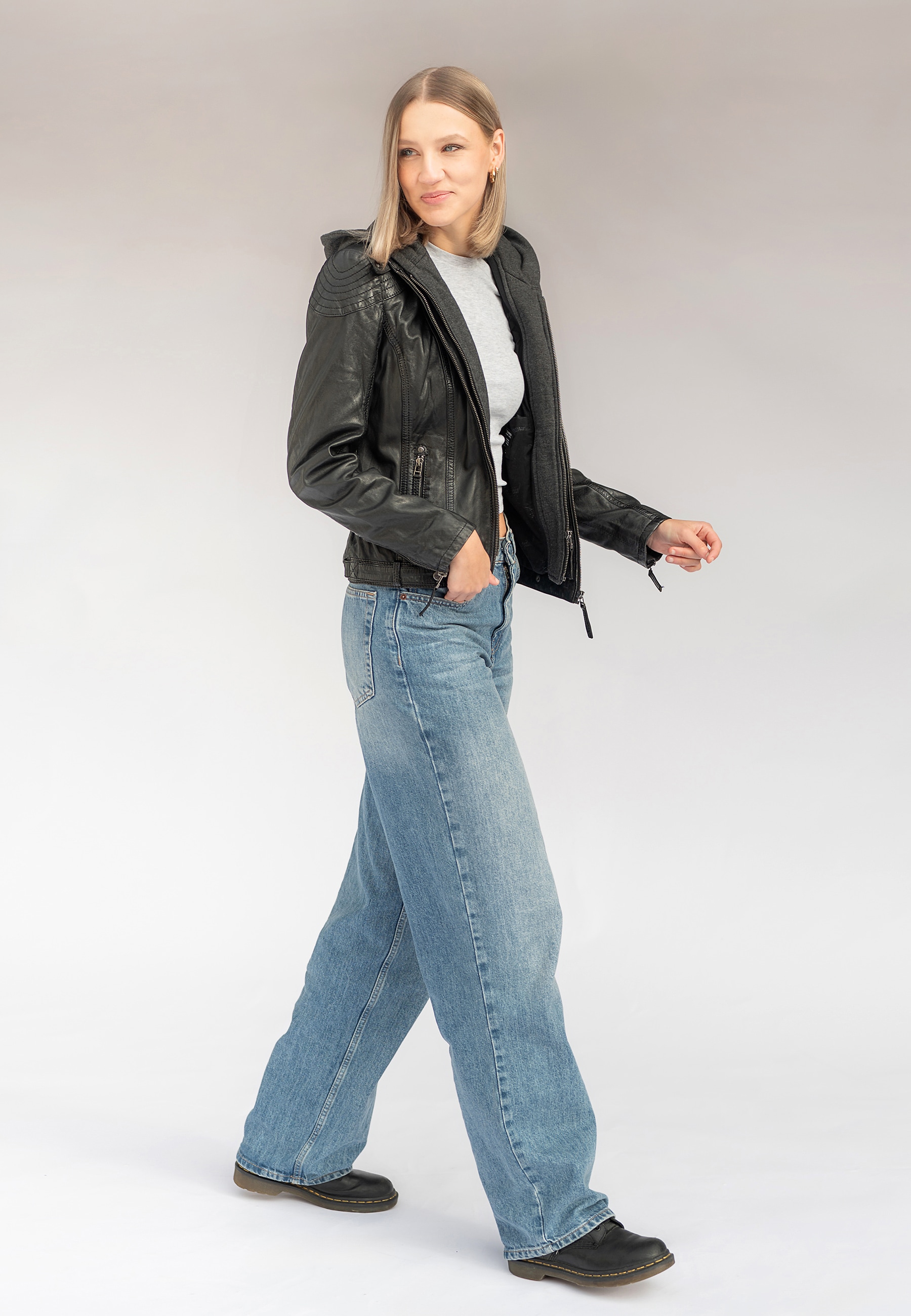 Mauritius Lederjacke »Cacey LEGV« mit Kapuze mti Kapuze, Reißverschluss, Ziersteppung