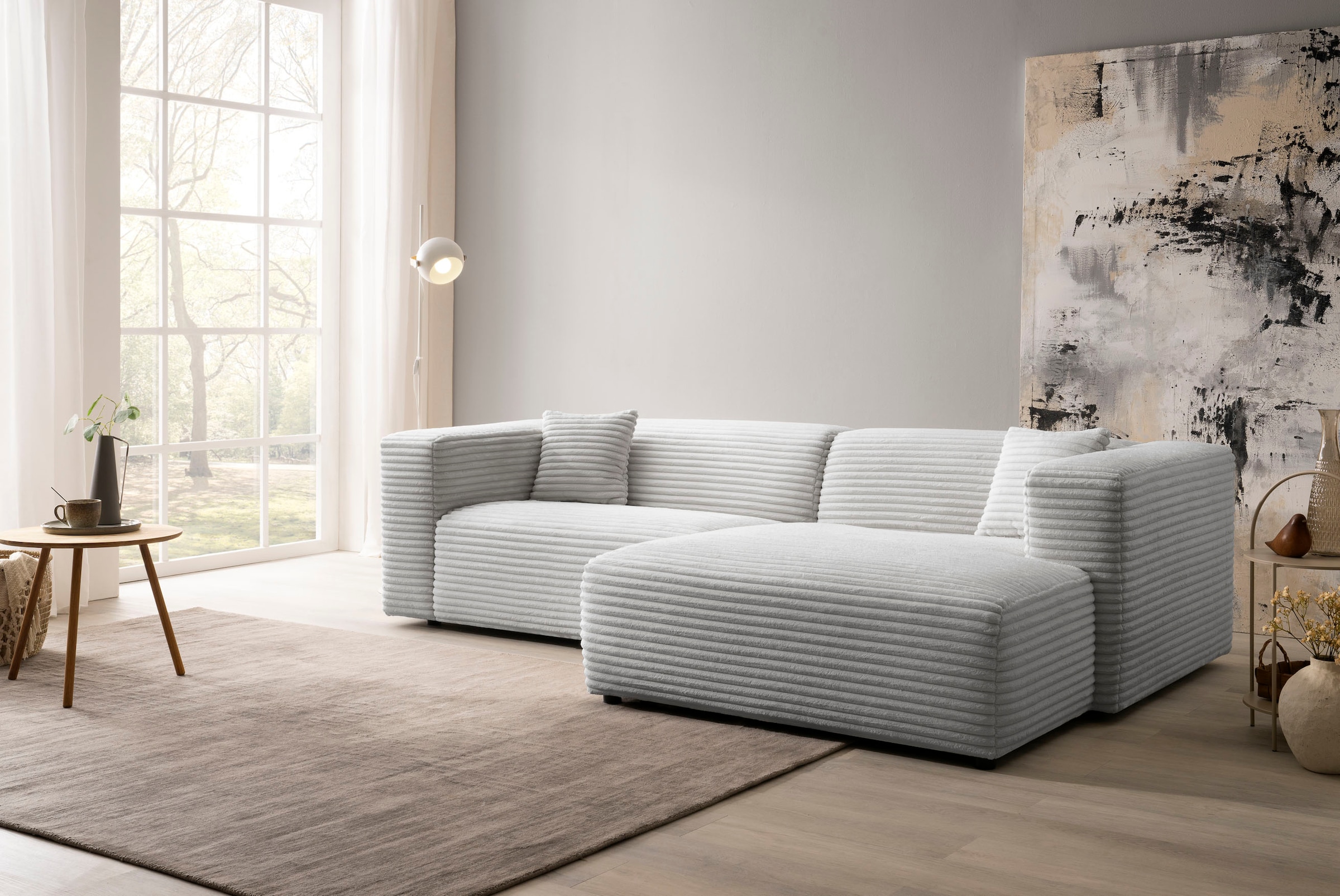 andas Ecksofa »BAKELS, L-Form in Cord oder Boucle-Stoff, moderne Couch«, wahlweise Recamiere rechts/links, bequemer Sitzkomfort