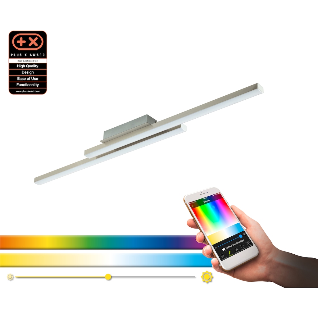 EGLO Deckenleuchte »FRAIOLI-C«, LED-Board, nickel matt / L105,5 x H6,5 x B12 cm / inkl. 2 x LED-Platine (je 17W, 2300lm, 2700-6500K) / Eglo Connect - App - CCT Farbtemperatursteuerung - dimmbar - RGB Farbwechsel - Fernbedienung - Deckenlampe