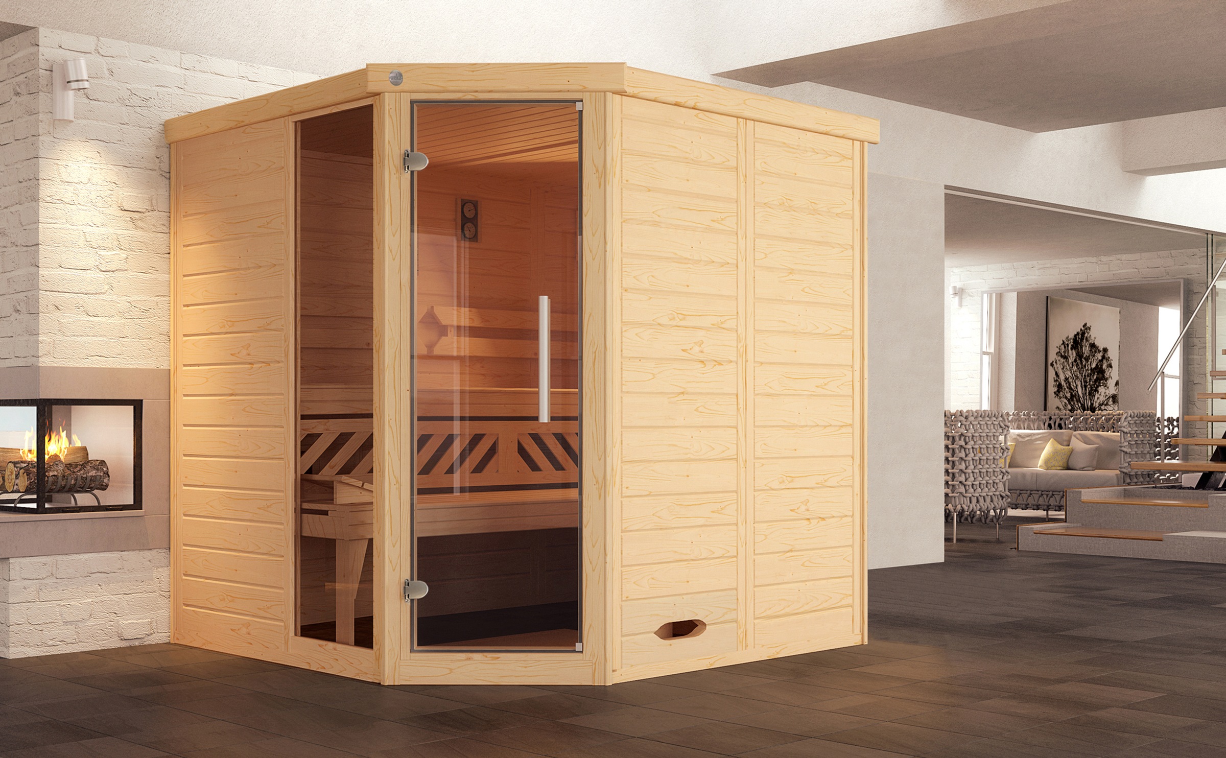 weka Sauna »Design-Sauna KEMI Eck 1« naturbelassenes Fichtenholz, Fensterelement, moderne Glastür