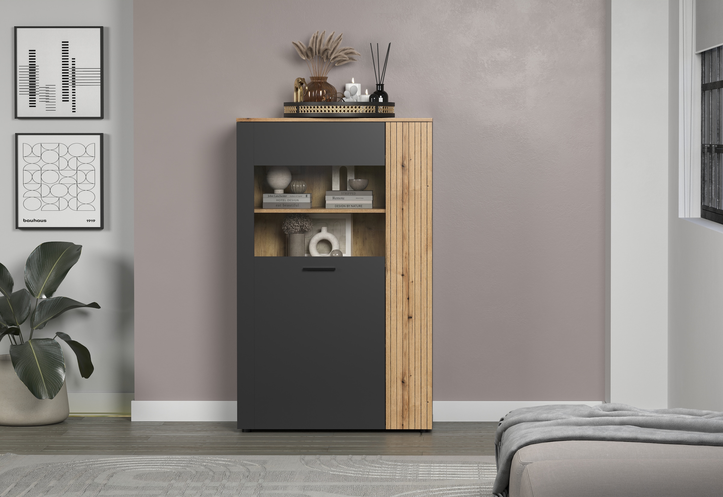 INOSIGN Highboard »Estepona«, (1 St.), Vitrine mit Rillenoptik - Türen links oder rechts montierbar