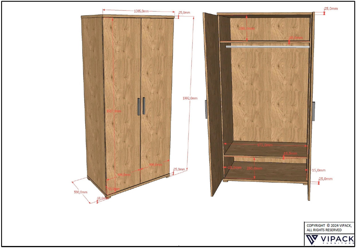 Vipack Kleiderschrank »SAM mit 2 Drehtüren, 2 Böden, 1 Kleiderstange, universell einsetzbar« (B/H/T ca. 100,5x199,2x59 cm) Türen mit Soft-Close,  Pflegeleichte Oberfläche in Eiche Dekor