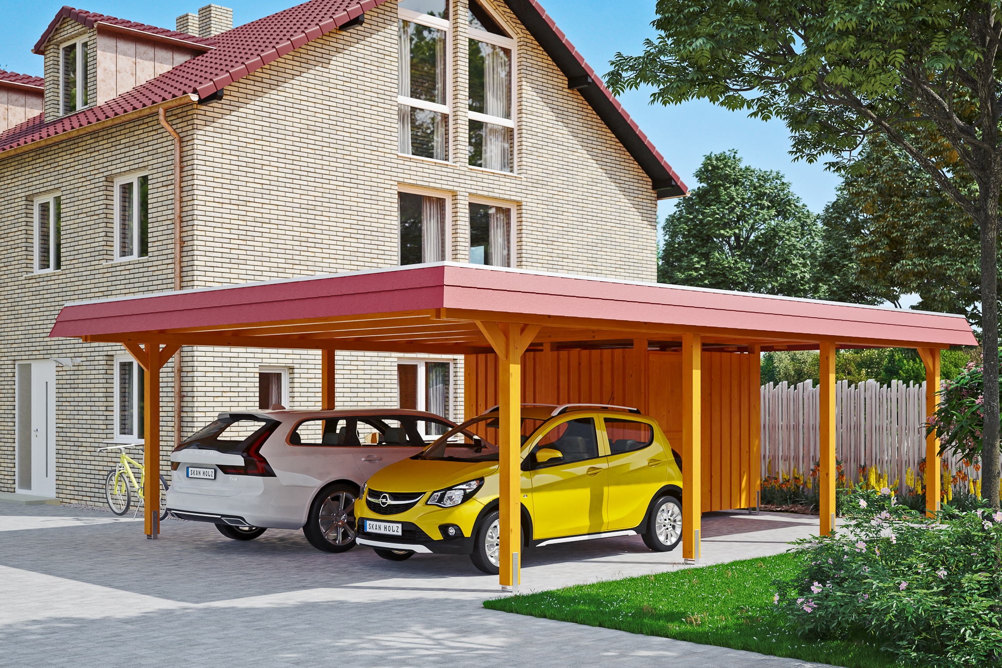 Skanholz Doppelcarport »Wendland«, Leimholz-Fichte, 550 cm, Eiche hell, mit Abstellraum mit EPDM-Dach, rote Blende