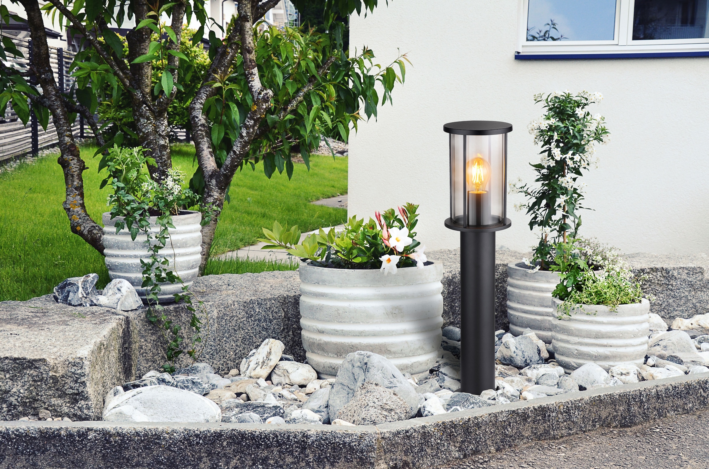 GLOBO LIGHTING Außen-Stehlampe »GRACEY« E27 1 Stk. Außenleuchte Edelstahl schwarz, Rauchglas, IP54, E27