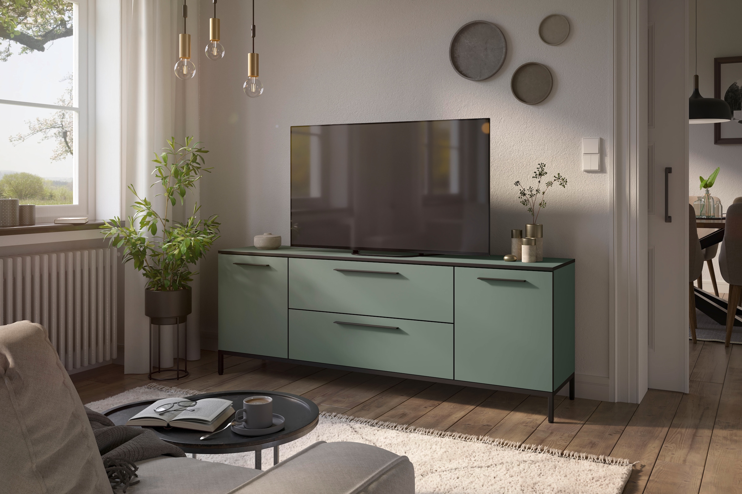 Manjana Möbel Lowboard »mit Schwarz matten Metallgriffen«