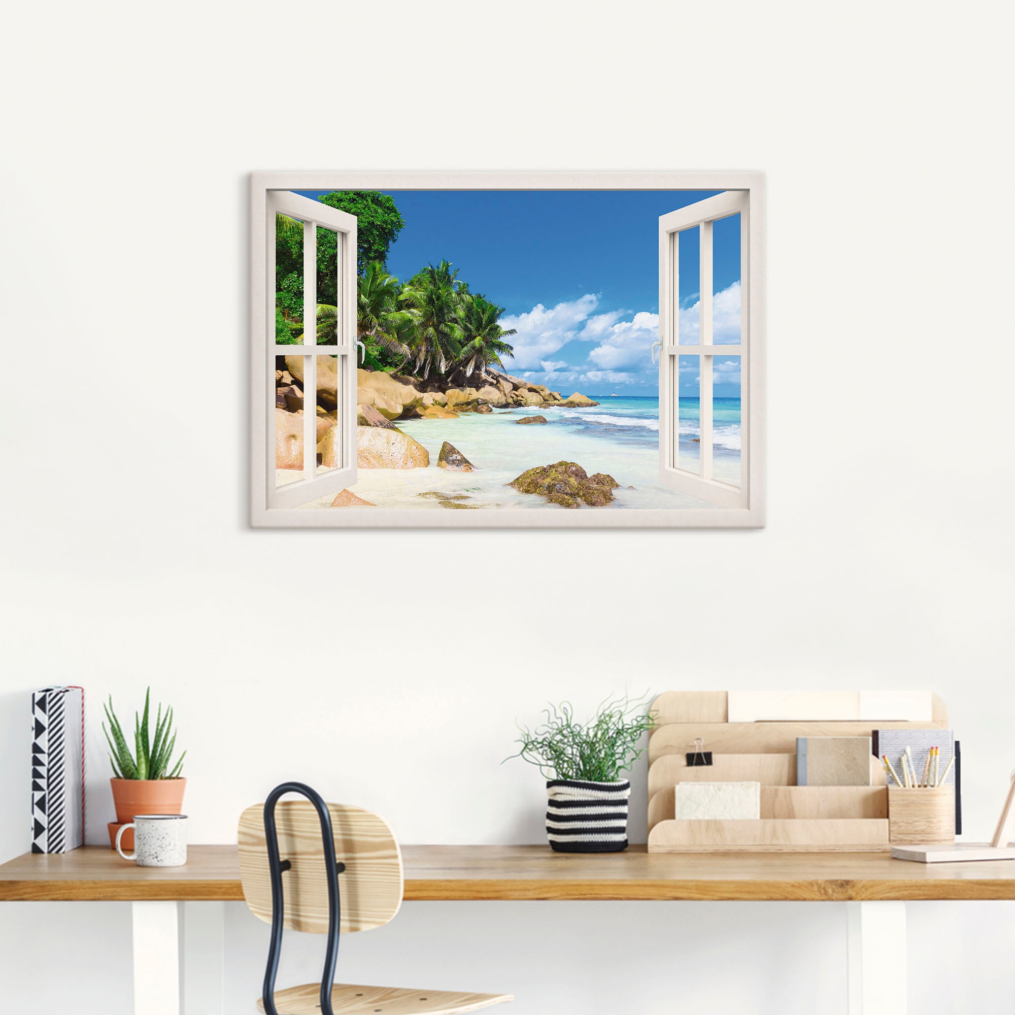 Artland Wandbild »Küste mit auf Größen St.), in als Fenster«, Wandaufkleber bestellen Poster Palmen versch. (1 Karibikbilder, durchs Alubild, Raten Leinwandbild, oder