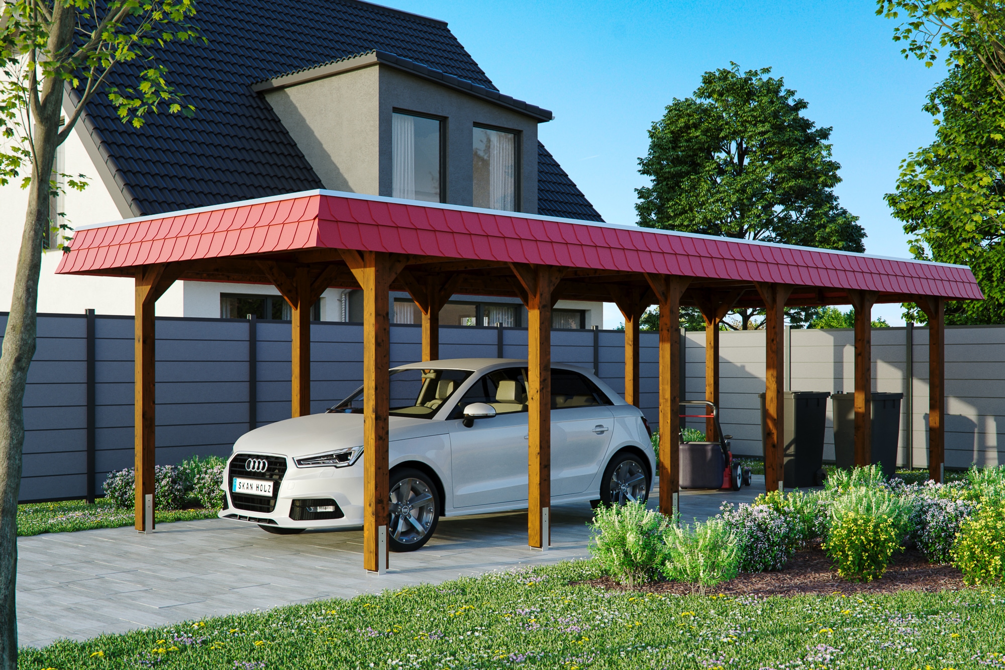 Skanholz Einzelcarport »Spreewald«, 285 cm, Nussbaum, mit Aluminiumdach, rote Blende