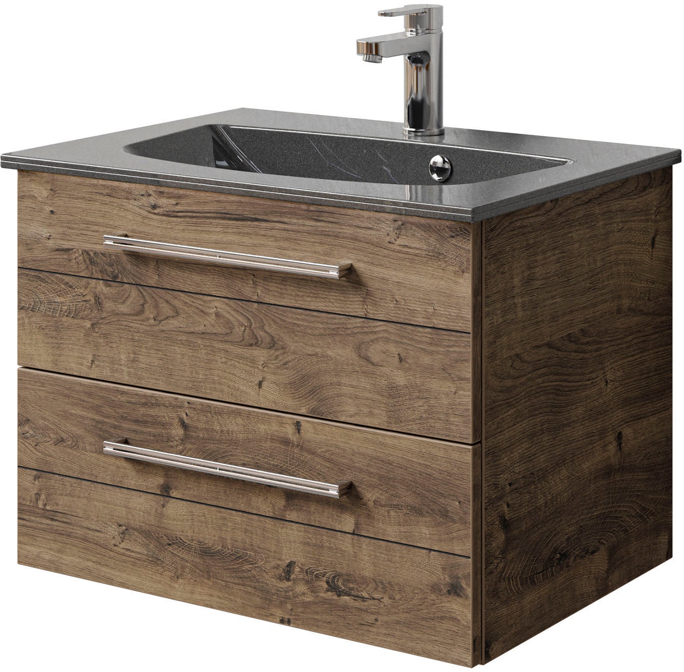 Saphir Badmöbel-Set »Serie 6025 2-teilig Mineralmarmor-Waschtisch mit LED-Spiegelschrank«, (2 St.), Waschplatz 67 cm breit, 2 Schubladen, 2 Spiegel-Türen, inkl Türdämpfer