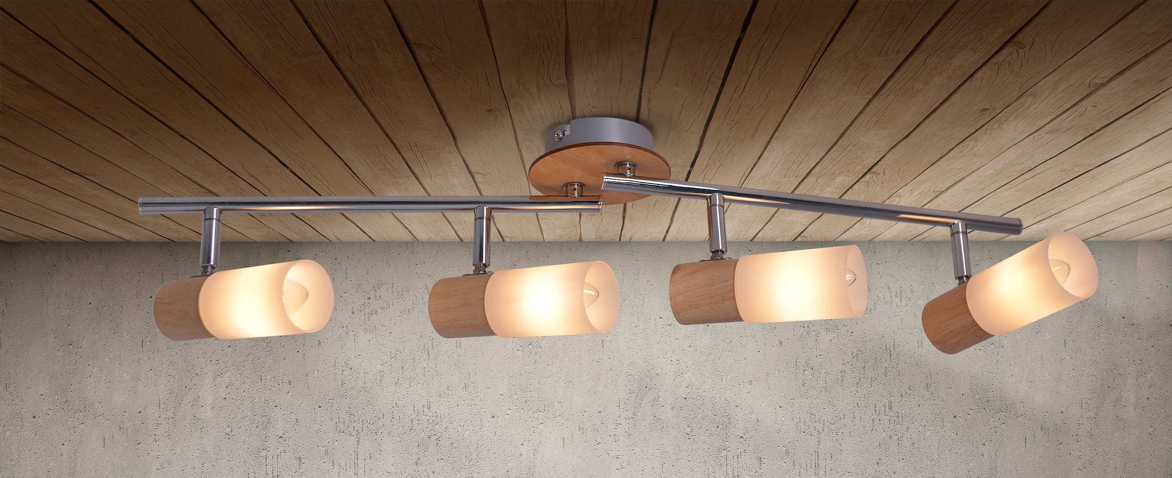 näve LED Deckenleuchte »Todtnau«, 4 flammig, Leuchtmittel E14 | ohne Leuchtmittel, Holzart:Gummibaum, Spots flexibel verstellbar, E14 max. 5W, weiß/natur