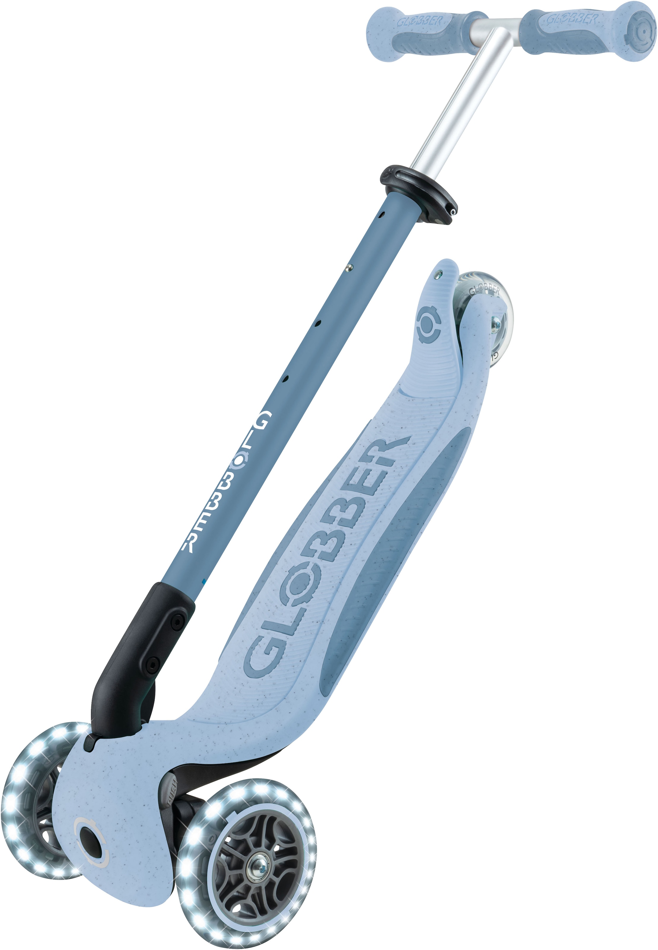Globber Tretroller »GO-UP DELUXE LIGHTS ECO 360, mit Leuchtrollen« Aufsitzrad mit Schubstange, Laufrad und Scooter