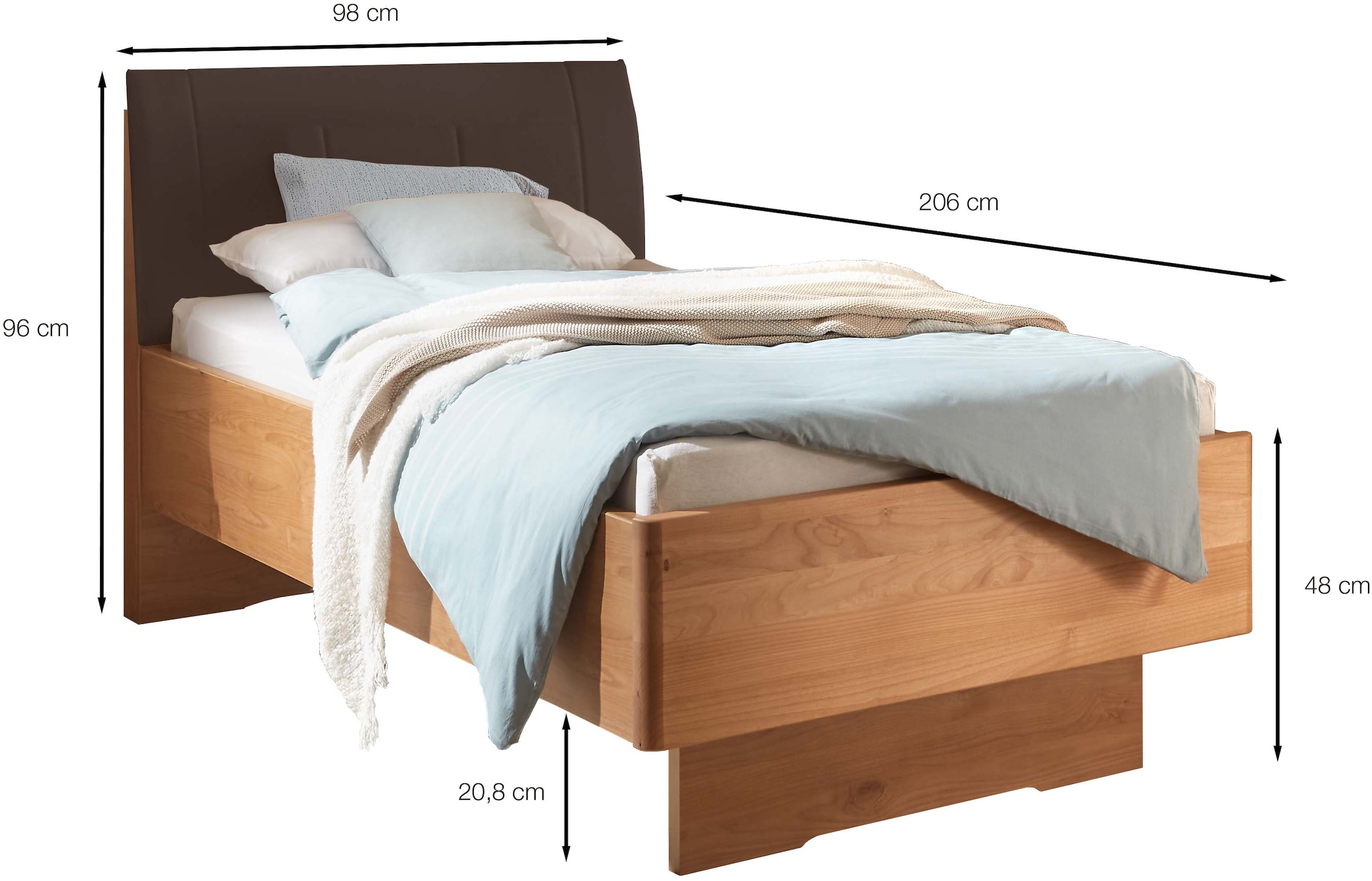 WIEMANN Holzbett »Cardiff, Bettgestell, Bettrahmen, teilmassiv, mit Polsterkopfteil«, (Belastbarkeit 110/220 Kg, 4-fache höhenverstellbar, MADE IN GERMANY), Fußteil aus Massivholz, verschiedene Größen