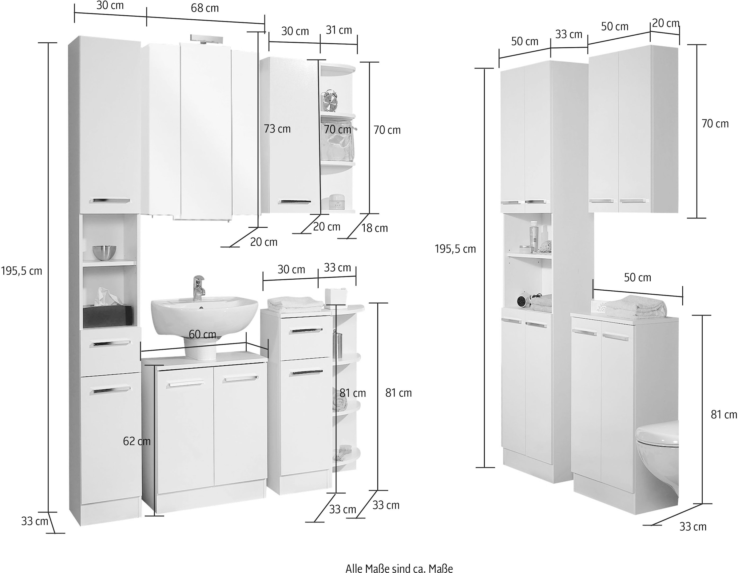 Saphir Badmöbel-Set »Quickset 335 8-teilig, Waschbeckenunterschrank mit LED-Spiegelschrank«, (10 St.), Hochschränke, Unterschränke, Hängeschränke, inkl. Türdämpfer, 17 Türen
