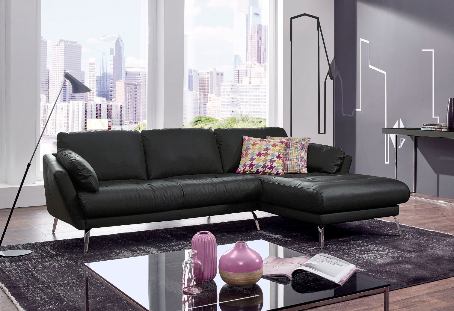 W.SCHILLIG Ecksofa »softy, Designsofa, zeitlos und elegant, hoher Sitzkomfort, L-Form«, mit dekorativer Heftung im Sitz, Füße Chrom glänzend