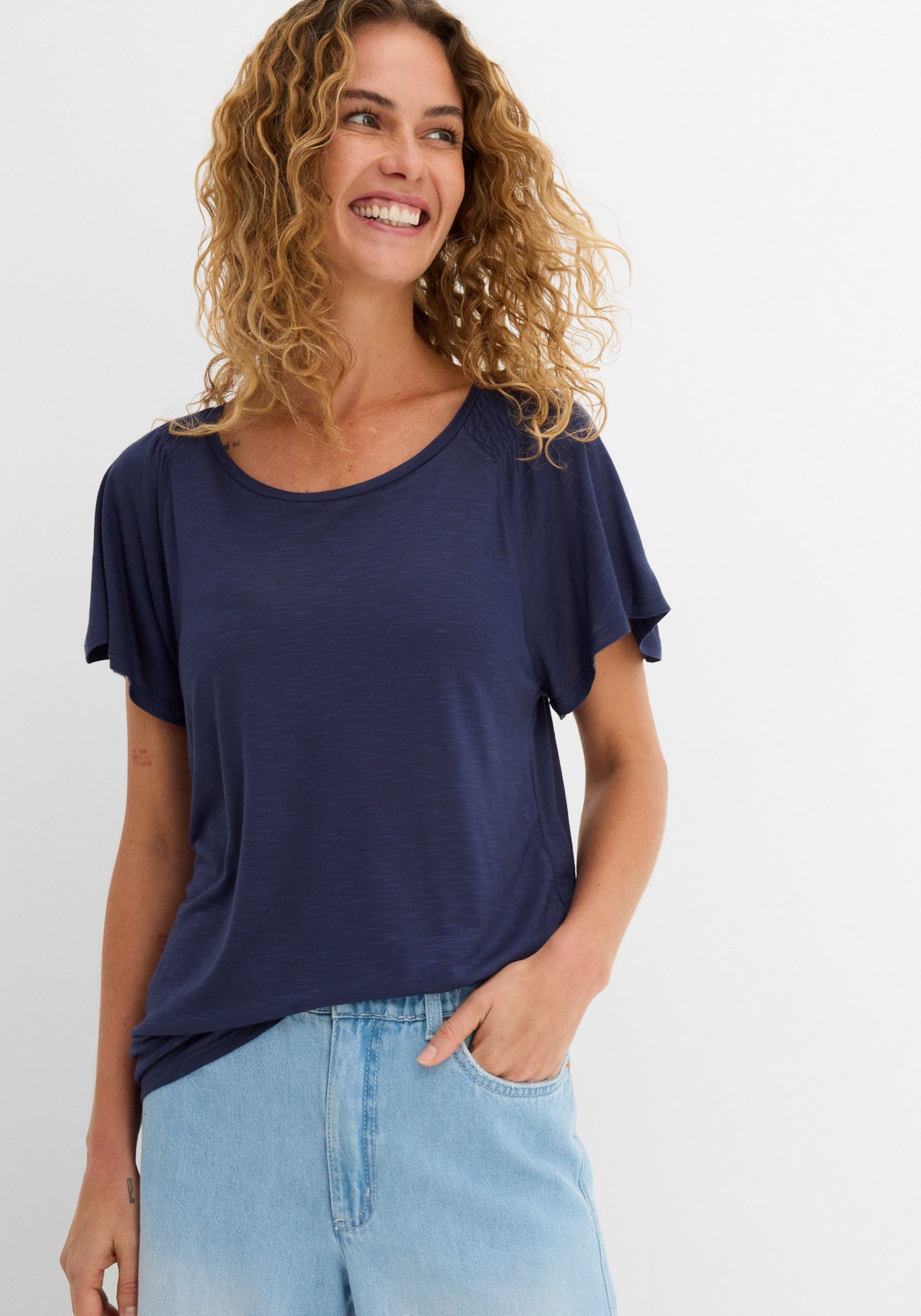 bonprix T-Shirt bequeme Passform, mit Flügelärmeln, Smokeeinsatz an der Schulter