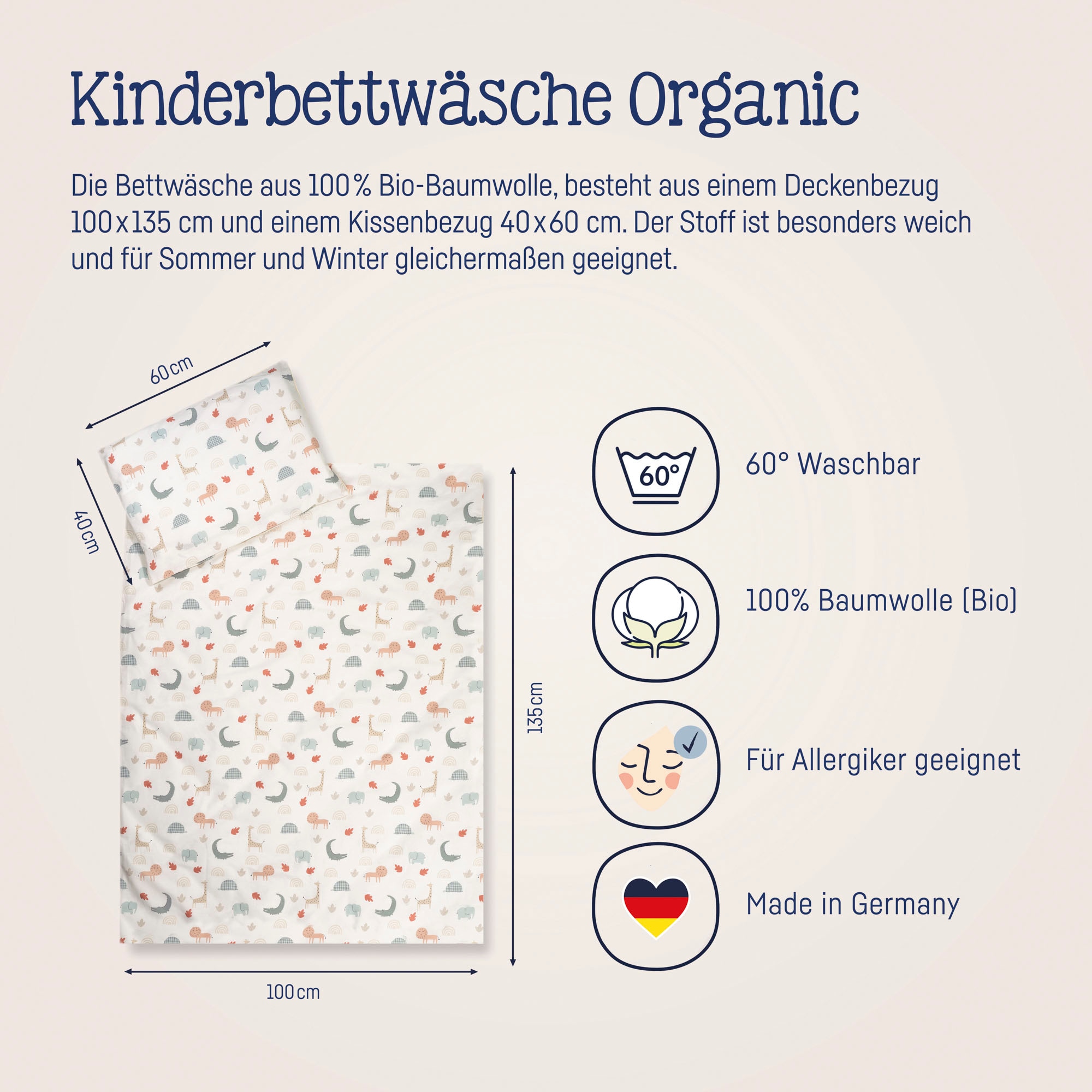 Julius Zöllner Kinderbettwäsche »Baby- und Kinderbettwäsche aus 100% Bio-Baumwolle«, erhältlich in den Größen 80x80+35x40cm und 100x135+40x60cm