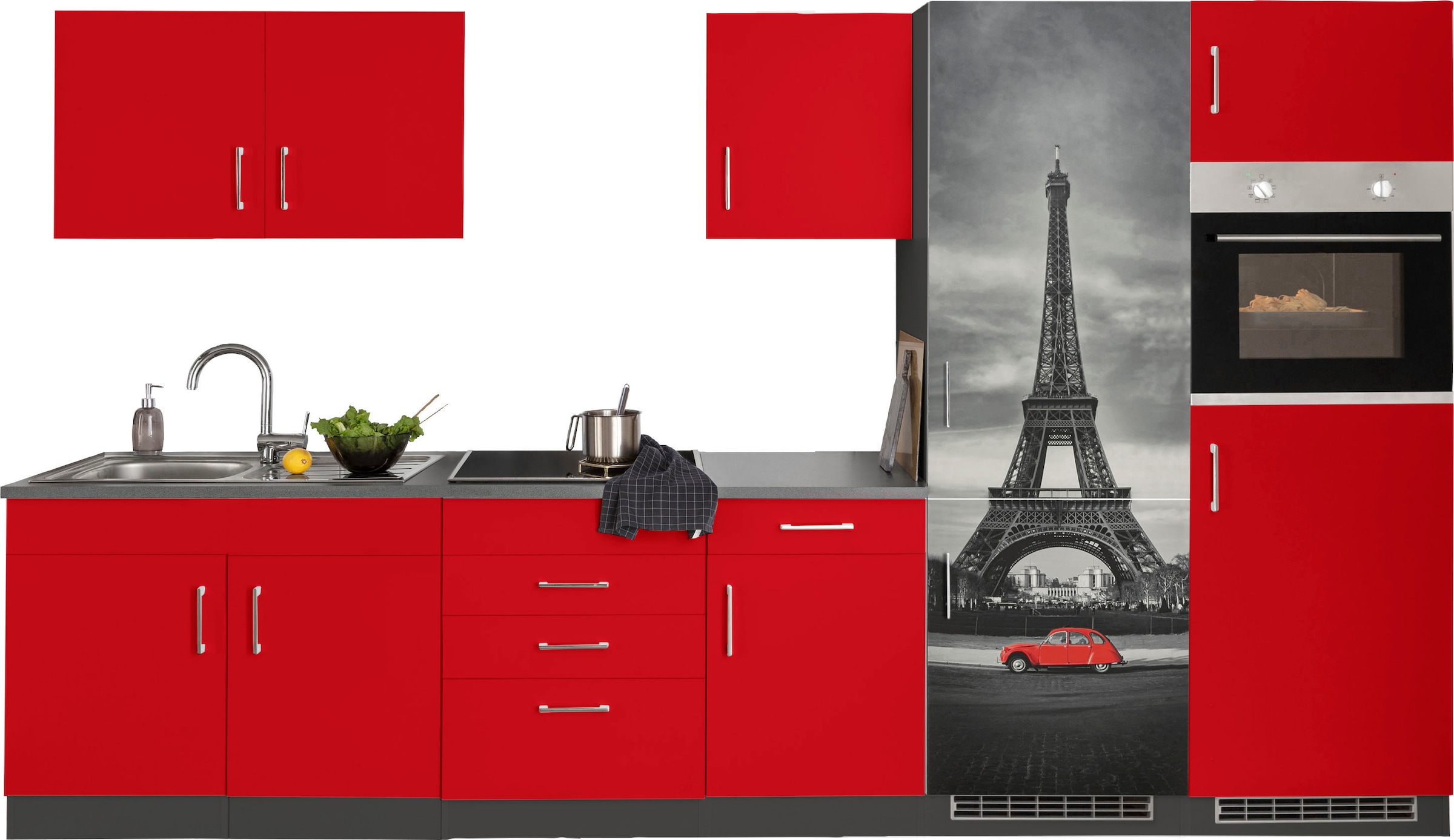 KOCHSTATION Küchenzeile »KS-Paris – Küchen mit einzigartigen Fotomotiven auf den Fronten« Breite 330 cm, wahlweise mit E-Geräten und Induktion
