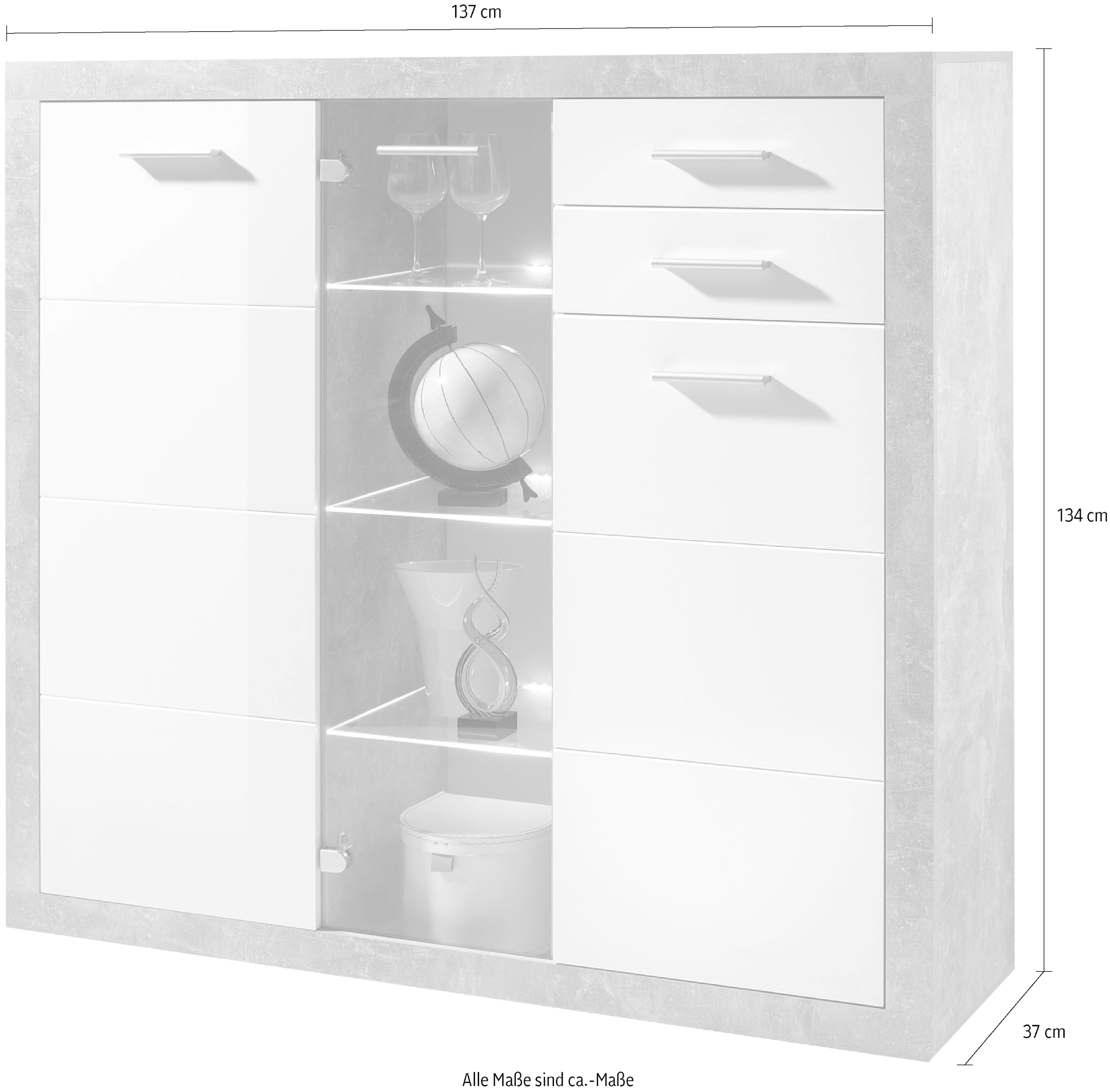 HBZ Highboard »Stone weiß Hochglanz, Wohnzimmerschrank BxHxT 137x134x37 cm«, (1 St.), Mit 2 Türen, 1 Glastür, 5 Einlegeböden und 3 Glasböden