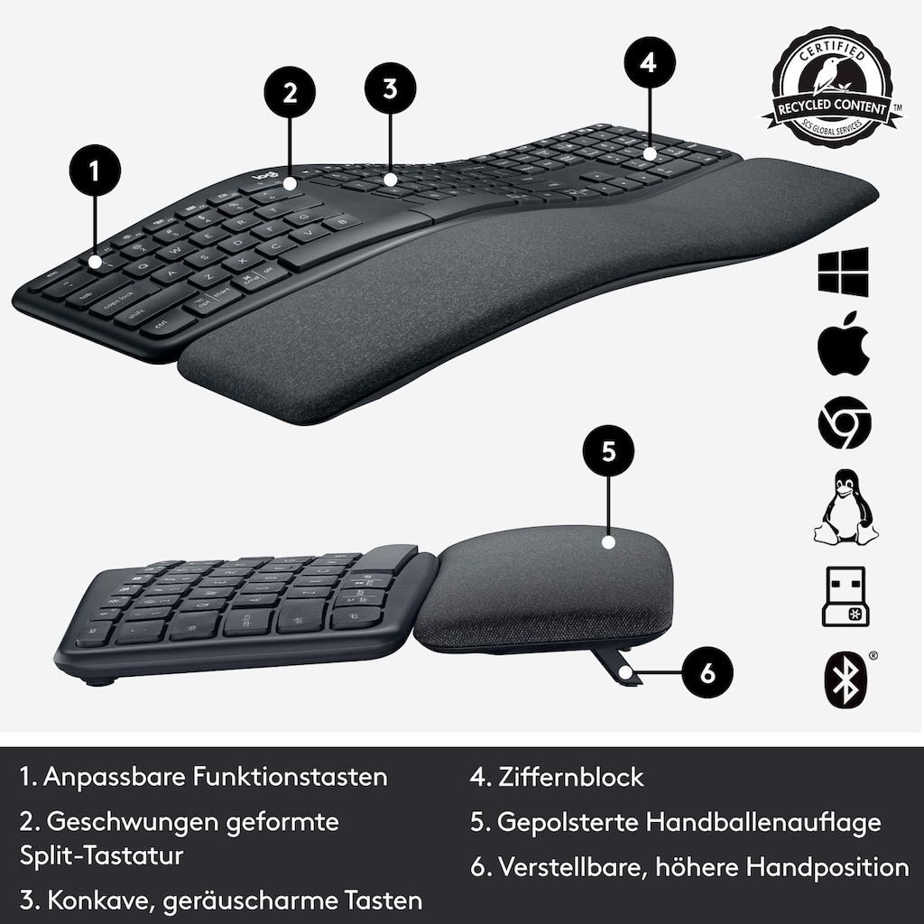 Logitech ergonomische Tastatur »ERGO K860«, (ergonomische Form-Handgelenkauflage-ausklappbare Füße)