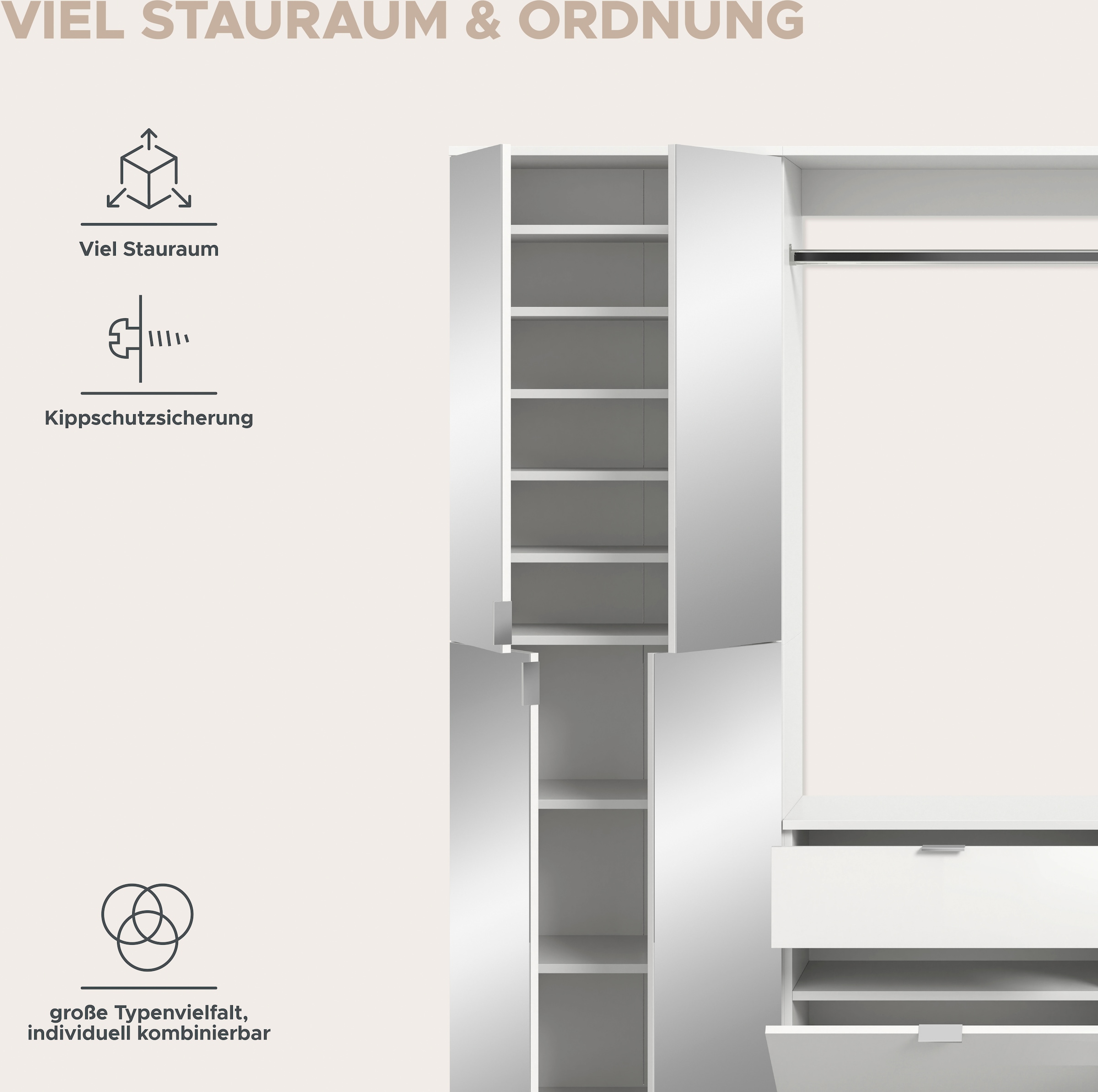 INOSIGN Garderoben-Set »Trondheim, Breite 243 cm, 5-teilig, bestehend aus:«, (Set, 4 St.), 2x Garderobenschrank, 1 Kommode, 1 Garderobenstange, 1 Ablageboden