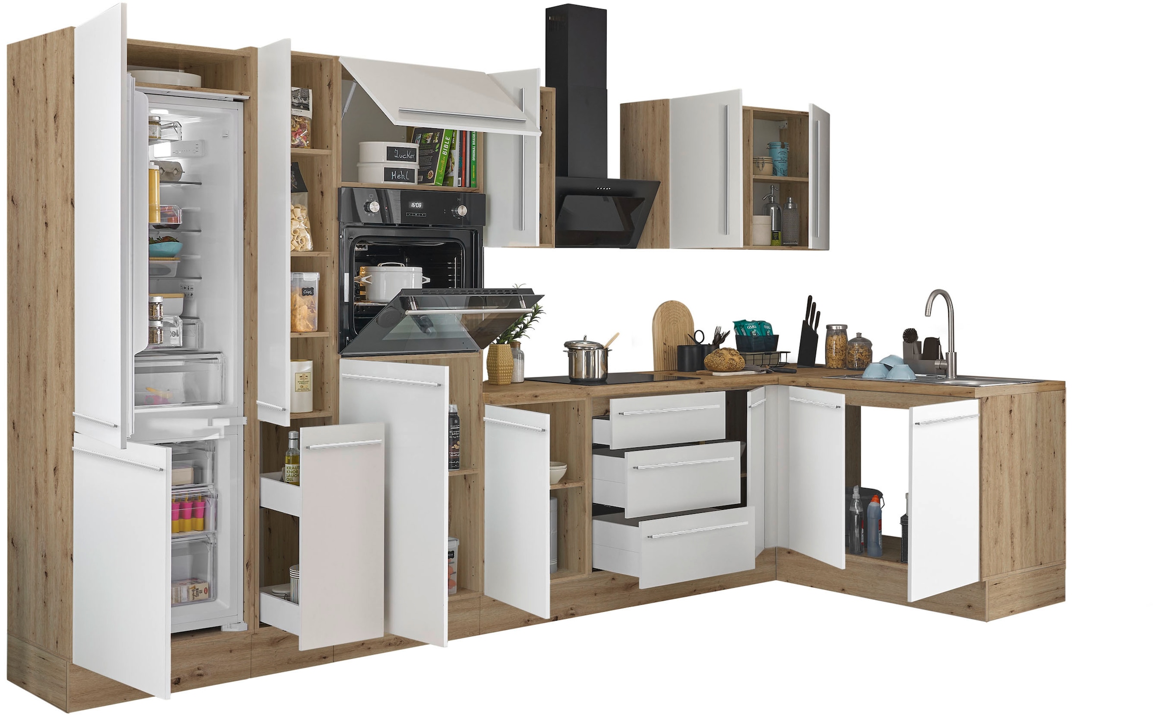 KOCHSTATION Winkelküche »Florida, Stellbreite 360x165 cm« wahlweise mit E-Geräten, mit Softclose für Türen und Schubkästen