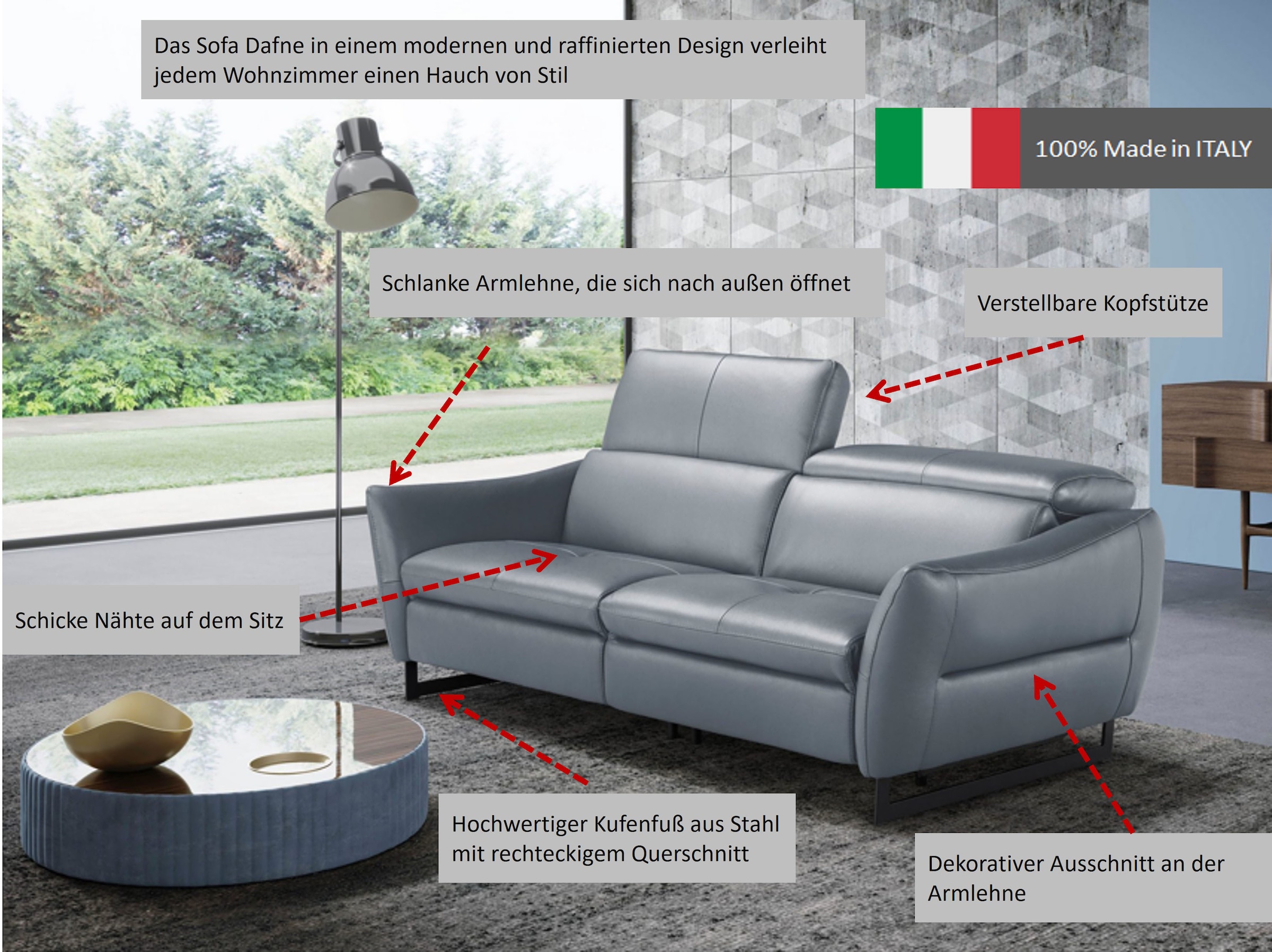 Egoitaliano 2,5-Sitzer »Dafne, elegantes Designsofa mit hohem Sitzkomfort«, wahlw. mit elektrischer Relaxfunktion, Kopfteile manuell verstellbar