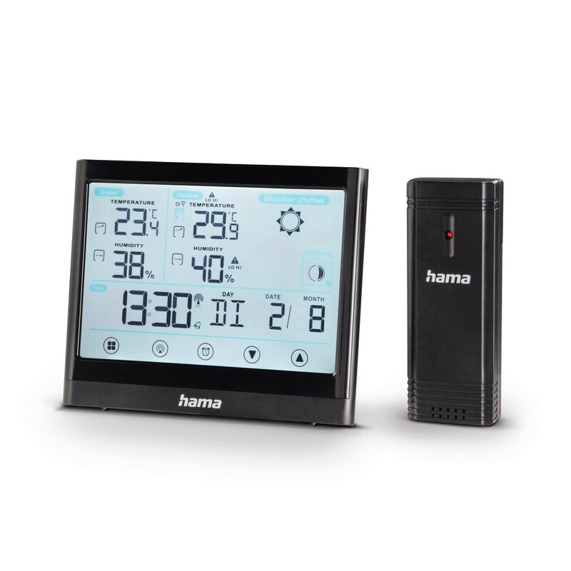 HAMA Wetterstation »Wetterstation "Full Touch", Schwarz, mit Außensensor, Reichweite 30m« (mit Außensensor) schwarz Touch-Sensor zur komfortablen...