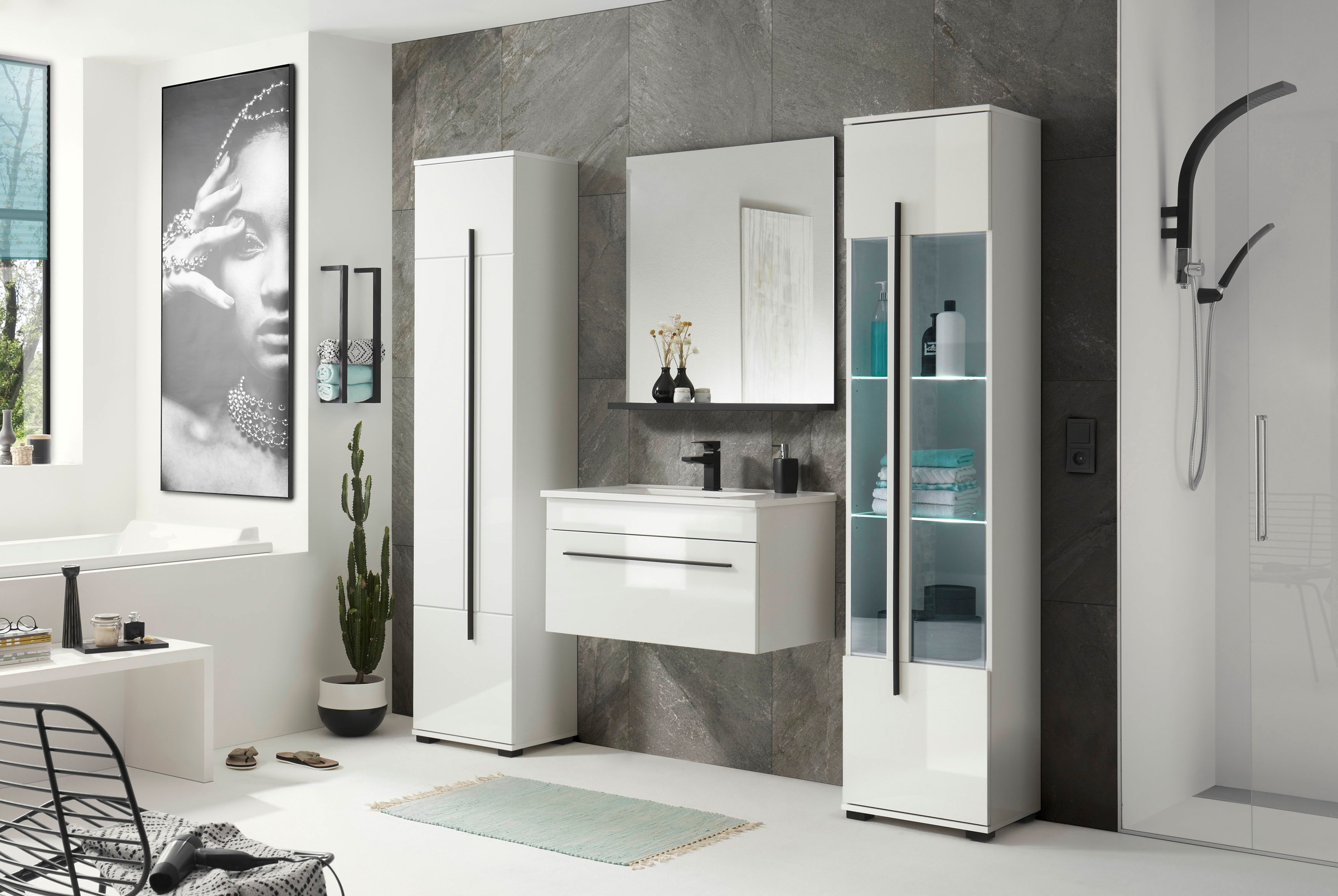 INOSIGN Hochschrank »Cantara, Badschrank in Hochglanz Weiß, Hochschrank im modernen Design«, mit schwarzen Griffen, ausreichend Stauraum