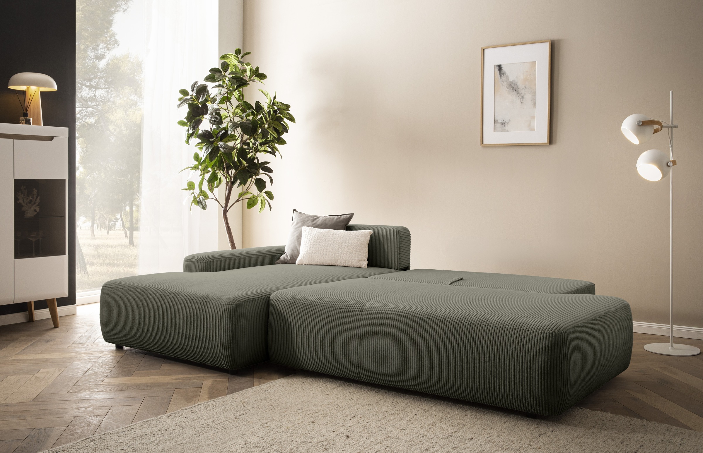 INOSIGN Ecksofa »TORGE, Schlafsofa Cord, Samtvelours u. Strukur fein, Couch in L-Form«, Schlaffunktion und Bettkasten, Liegefläche: 210x125 cm, neues Design