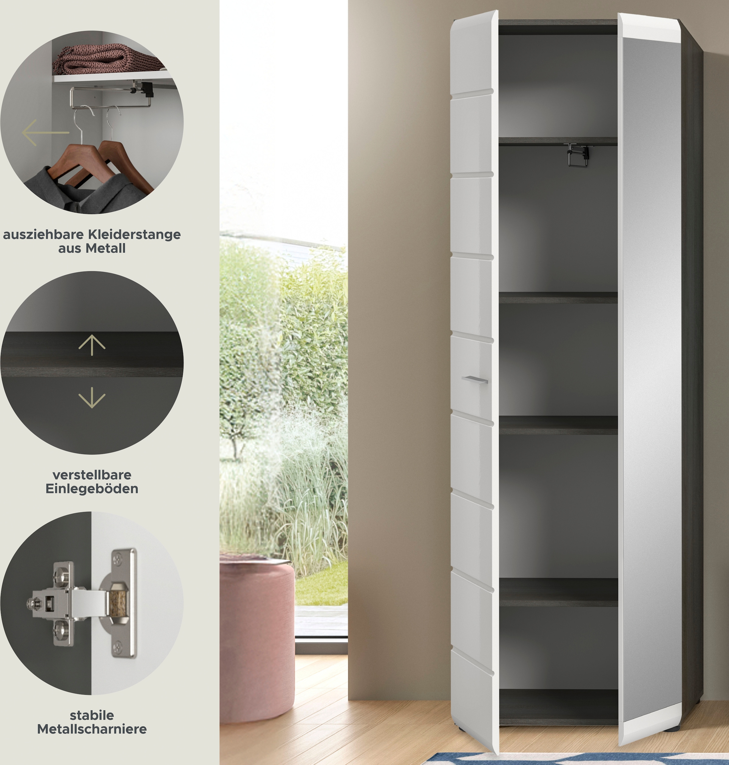 INOSIGN Garderobenschrank »Rumba, Höhe 192 cm, 1 Hochglanz Tür, 1 Spiegeltür, 4 Einlegeböden,«, 1 Kleiderstange, Stauraumschrank, Flurschrank, Flurmöbel
