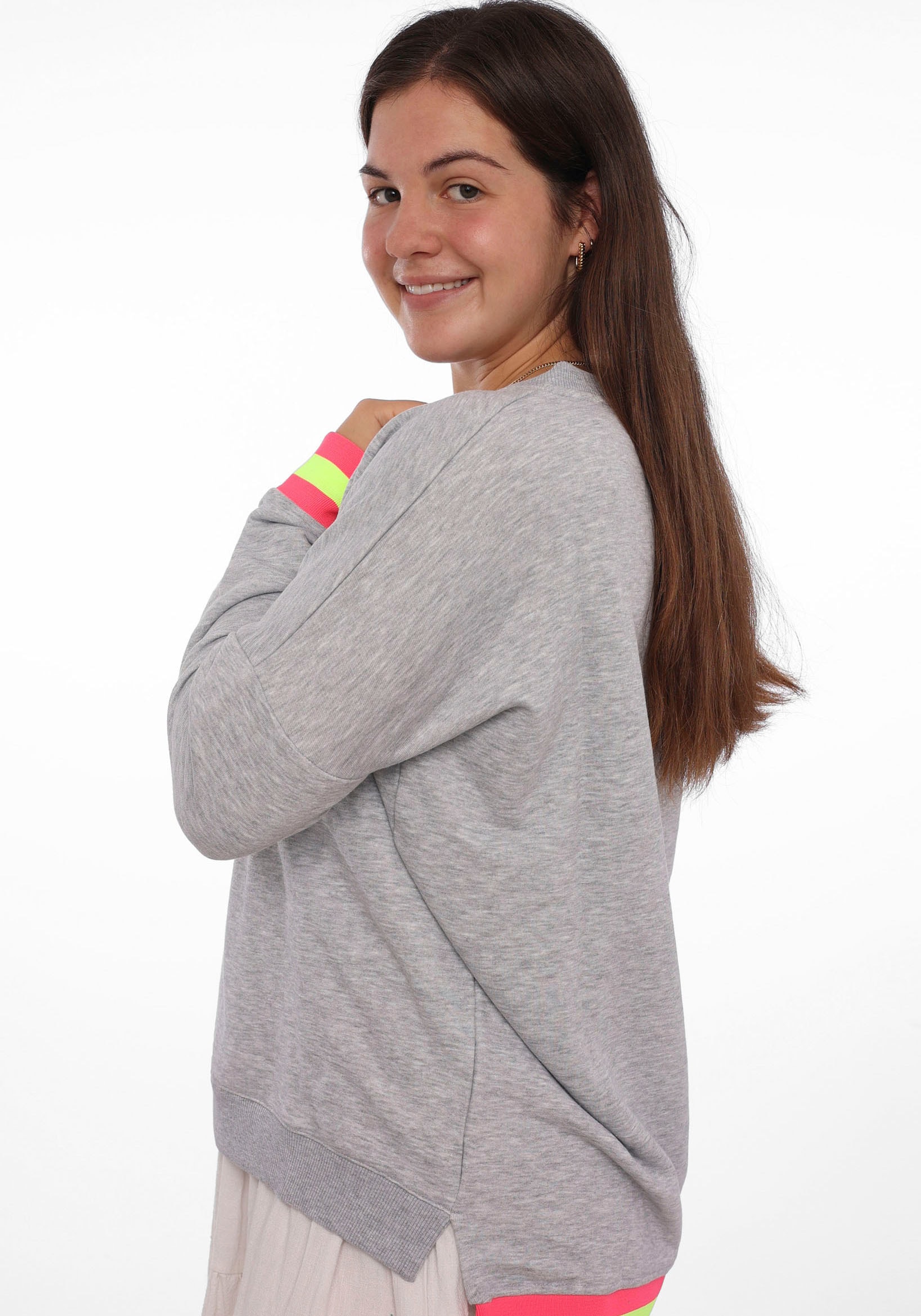 Zwillingsherz Sweatshirt, Langarm, Neon-Details, V-Ausschnitt, Schriftzug