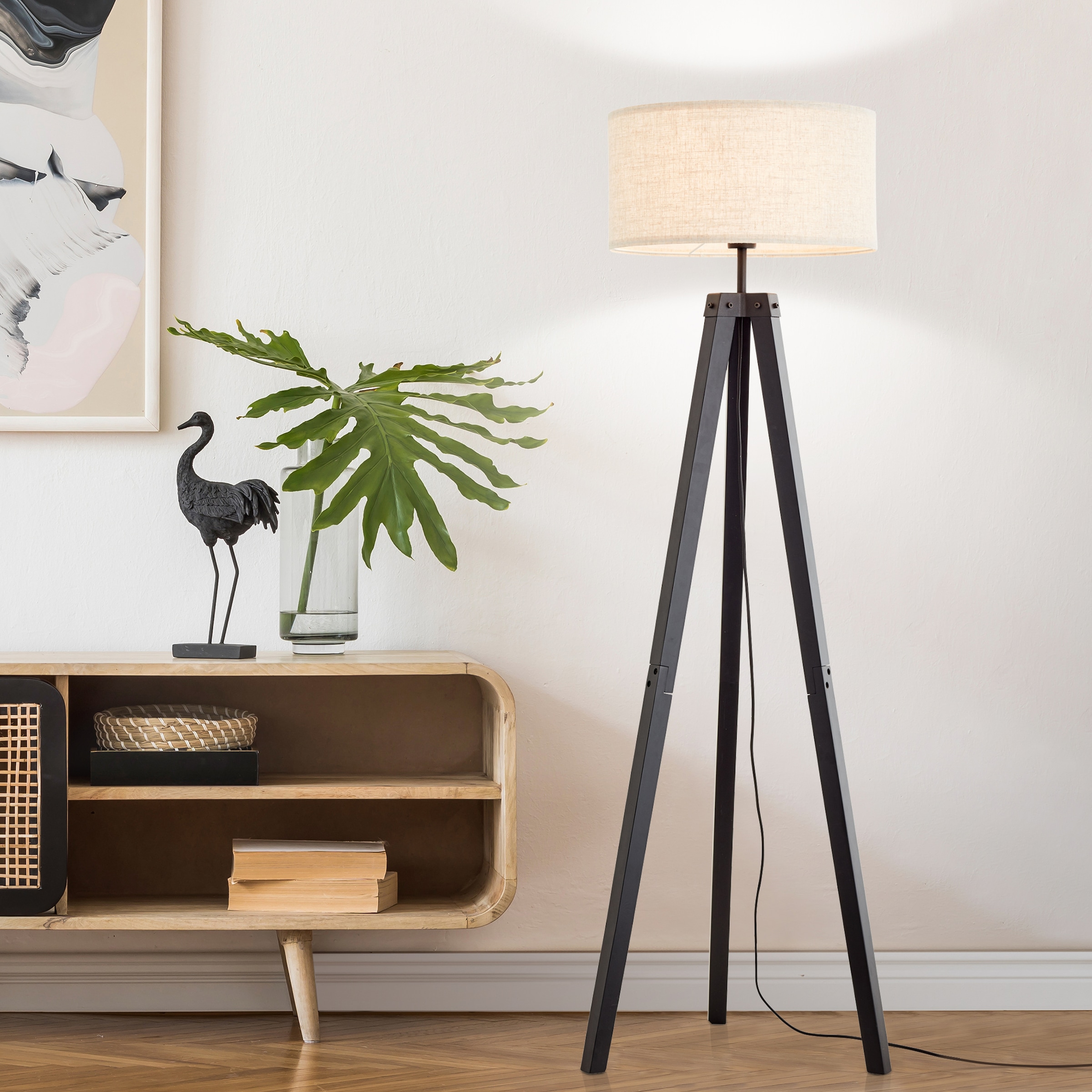 Brilliant Stehlampe »Holbrook«, 1 flammig, Leuchtmittel E27 | ohne Leuchtmittel, 148 x 51 cm, Dreibein, 1 x E27, Holz/Textil, schwarz/beige