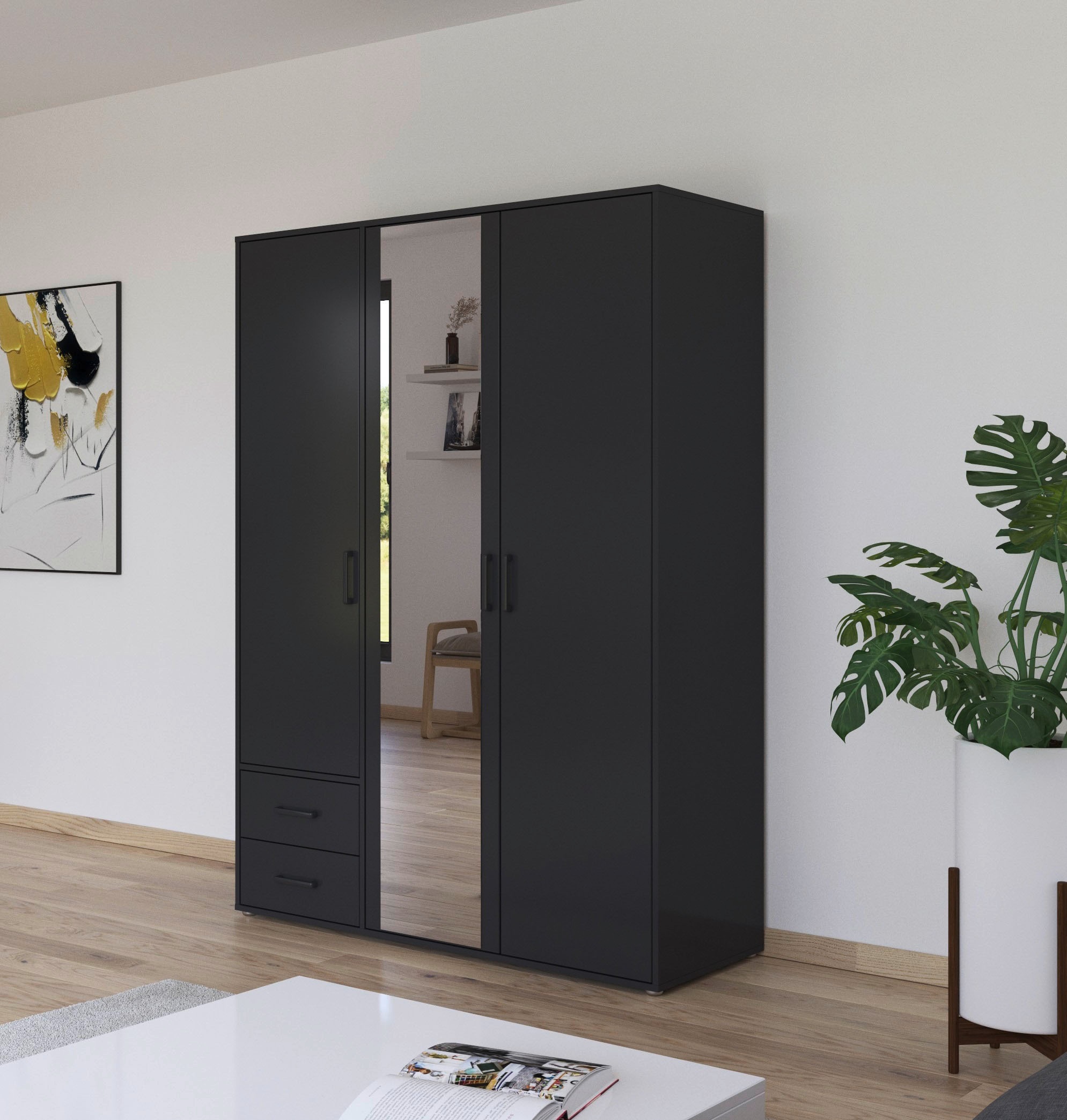 rauch Drehtürenschrank »Kleiderschrank Schrank Garderobe Wäscheschrank VOYAGER«, (in 3 verschiedenen Ausstattungen BASIC/CLASSIC/PREMIUM), mit modernen Griffen in Graumetallic, inkl. Schubkästen und Spiegel